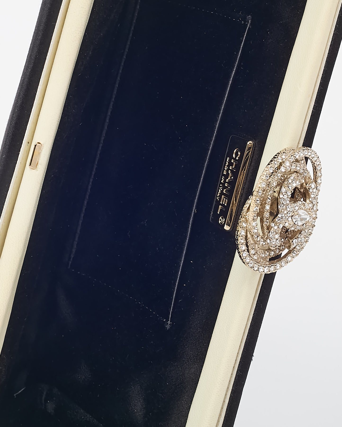 Chanel Black Satin Silver Crystal Camellia Flower Clasp Clutch