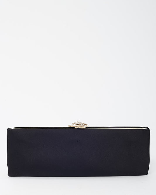 Chanel Black Satin Silver Crystal Camellia Flower Clasp Clutch