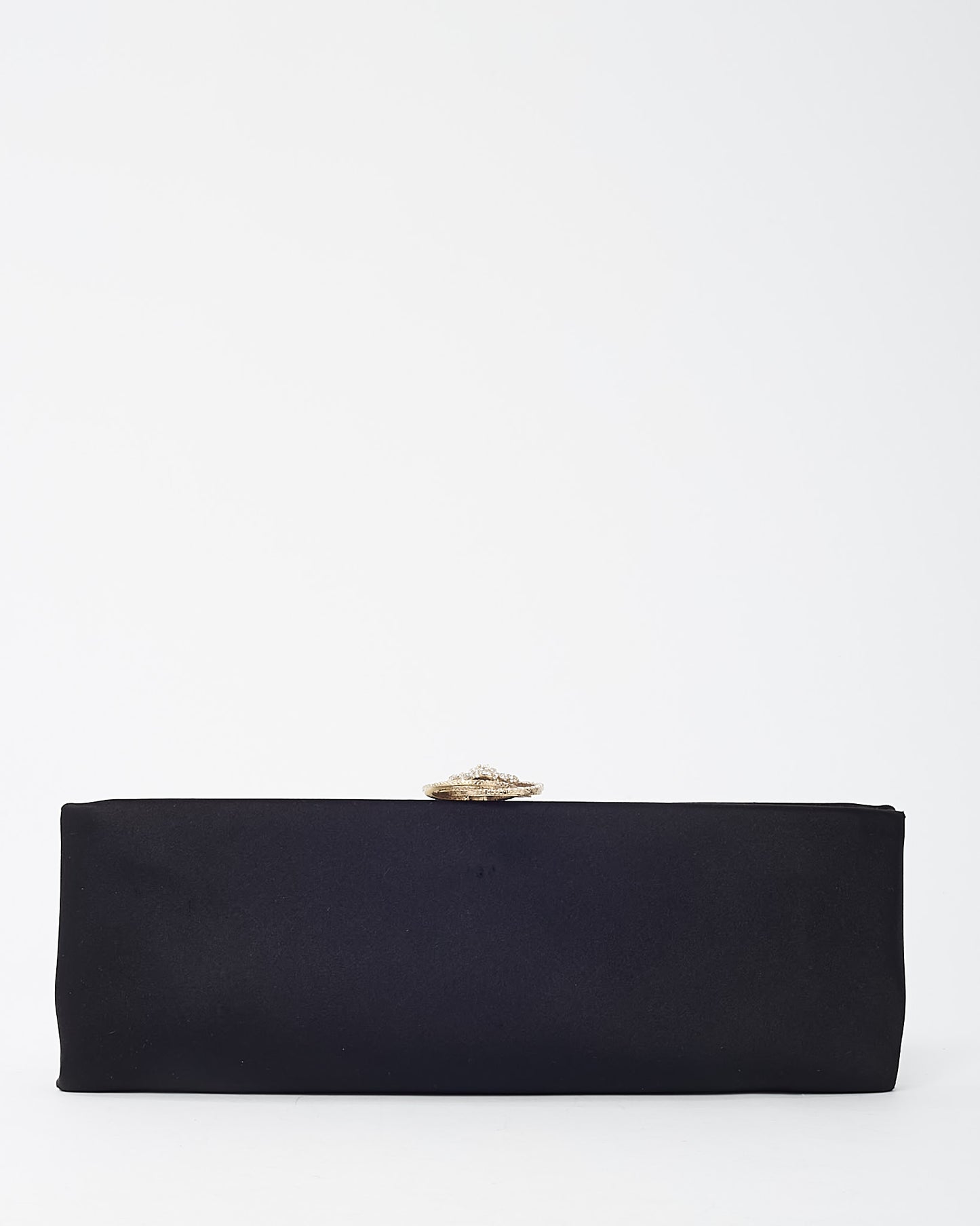 Chanel Black Satin Silver Crystal Camellia Flower Clasp Clutch