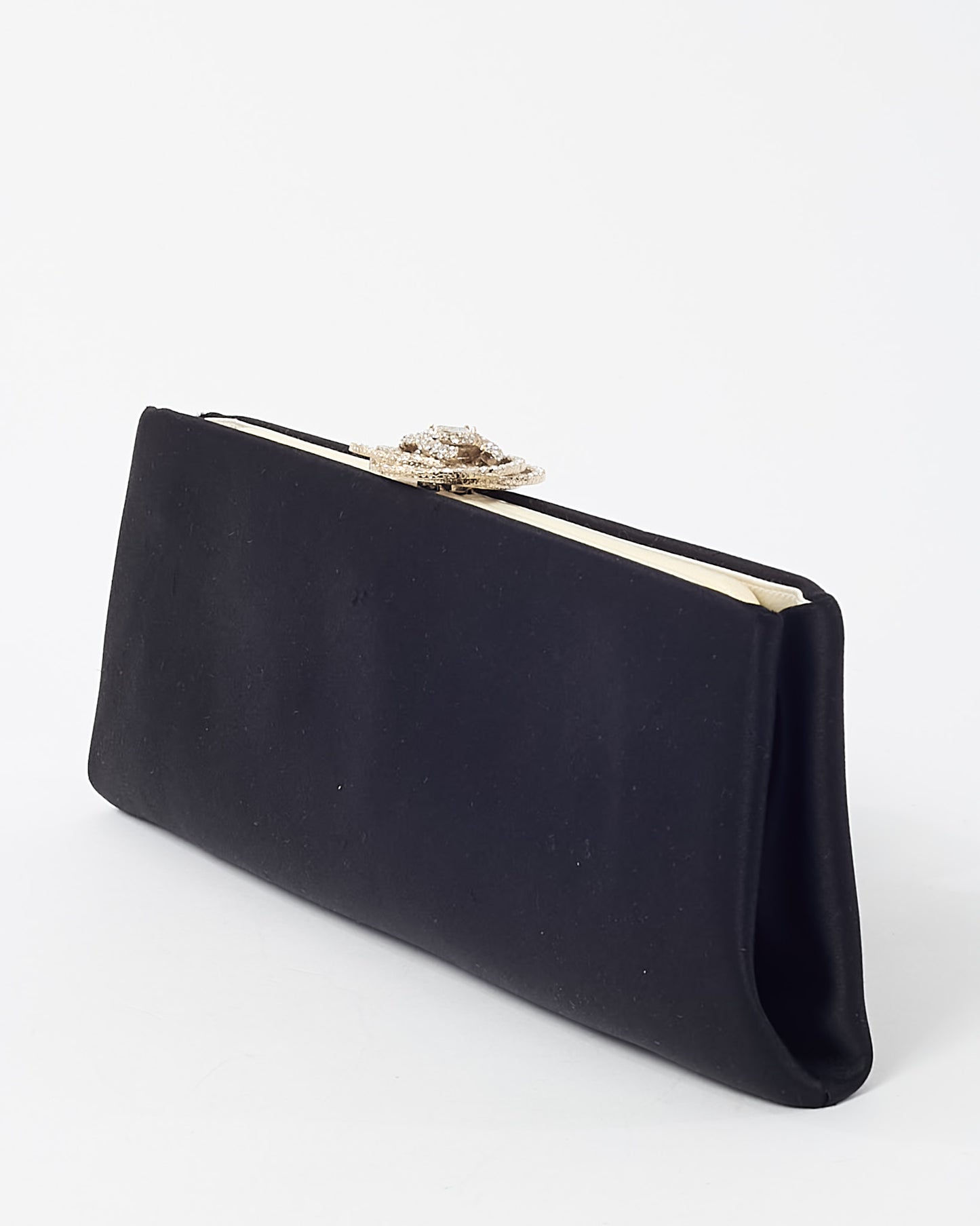 Chanel Black Satin Silver Crystal Camellia Flower Clasp Clutch