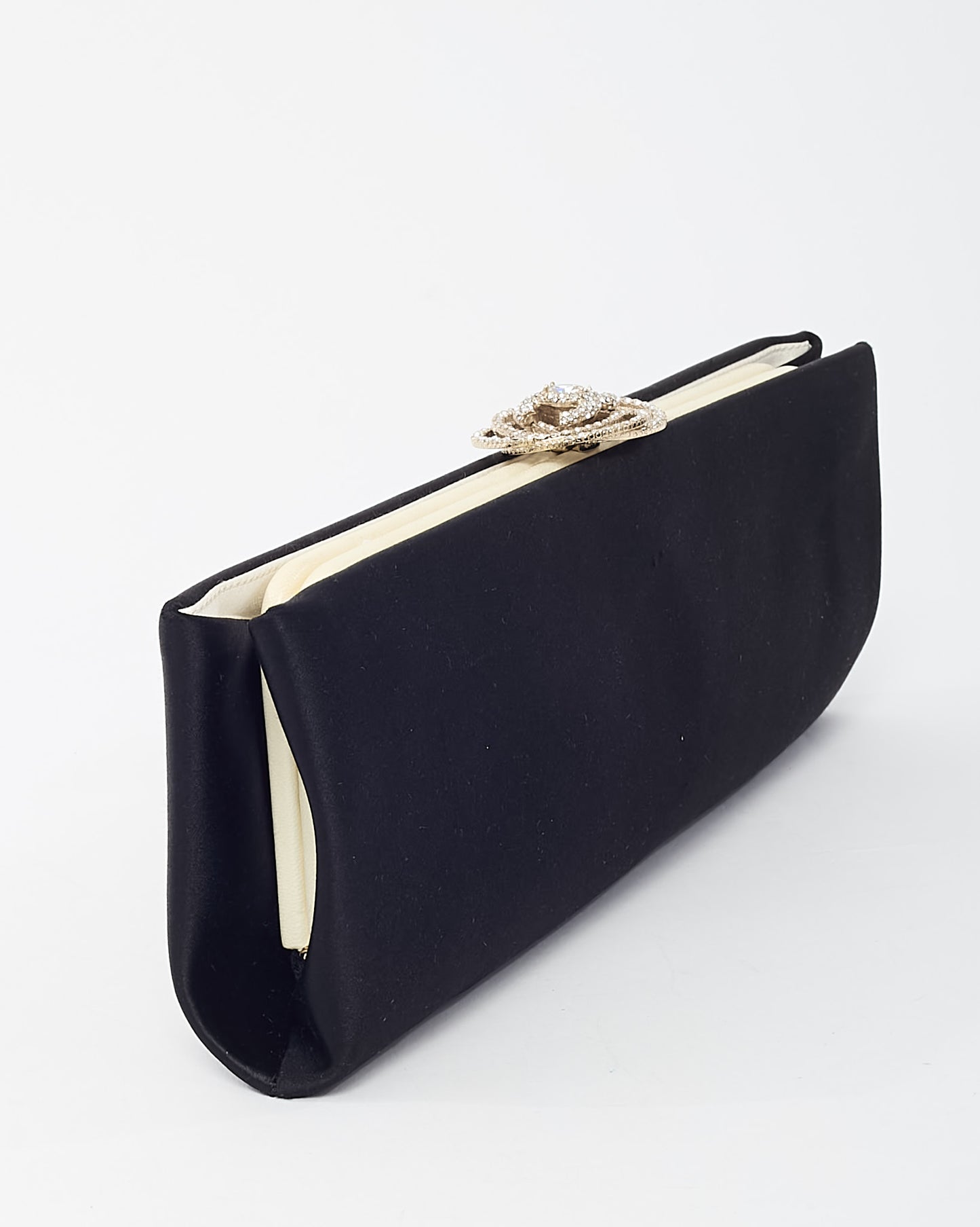 Chanel Black Satin Silver Crystal Camellia Flower Clasp Clutch