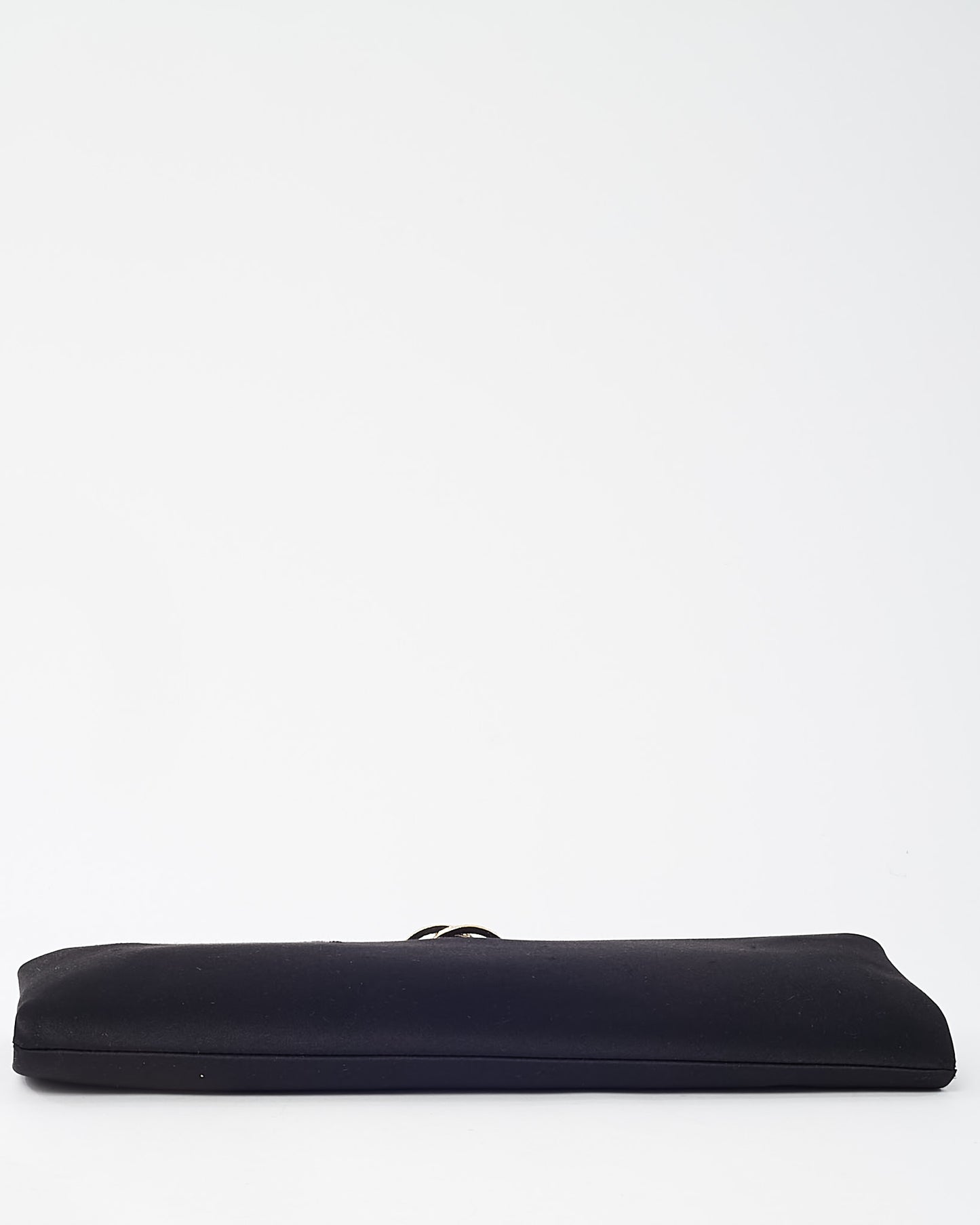 Chanel Black Satin Silver Crystal Camellia Flower Clasp Clutch