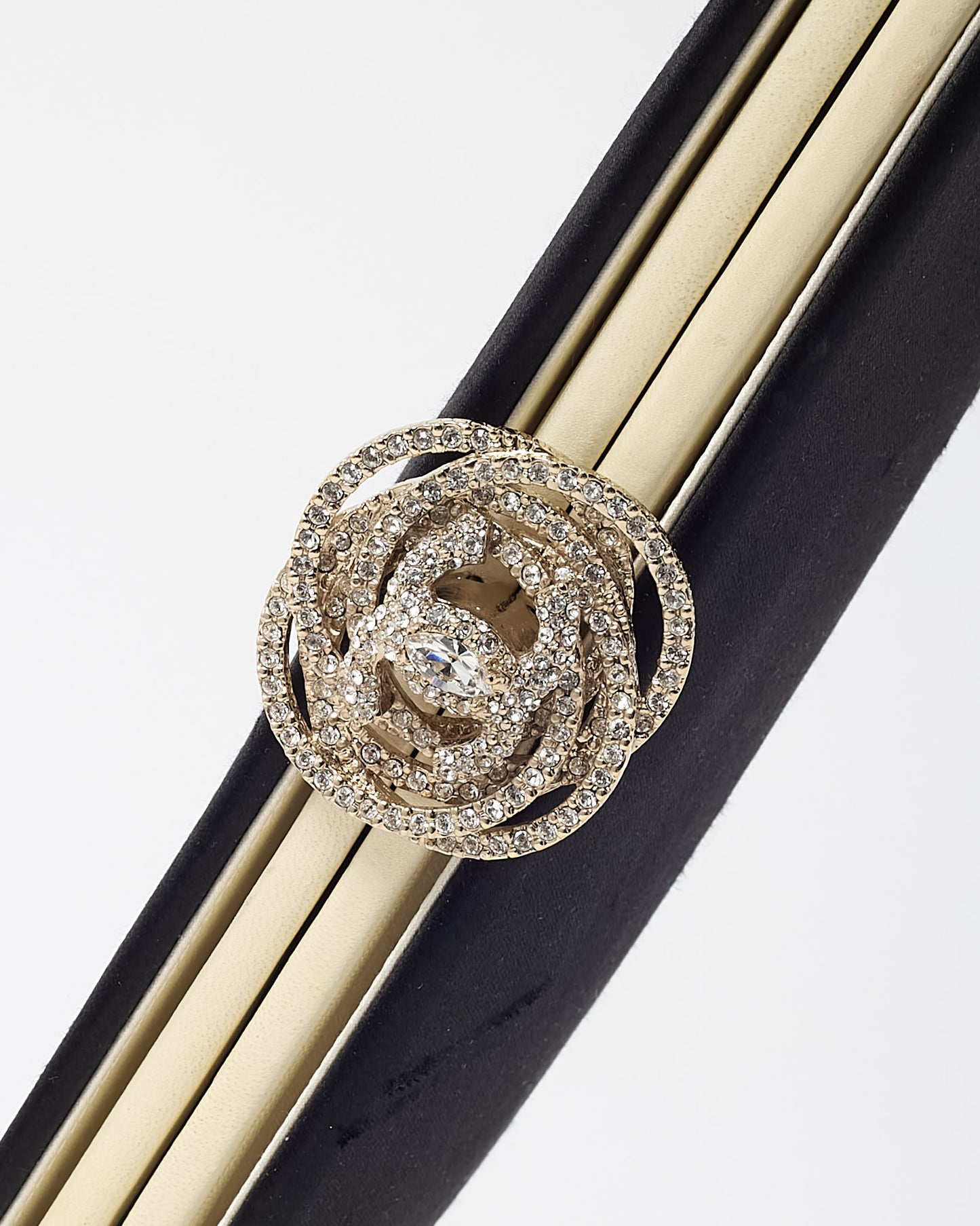 Chanel Black Satin Silver Crystal Camellia Flower Clasp Clutch