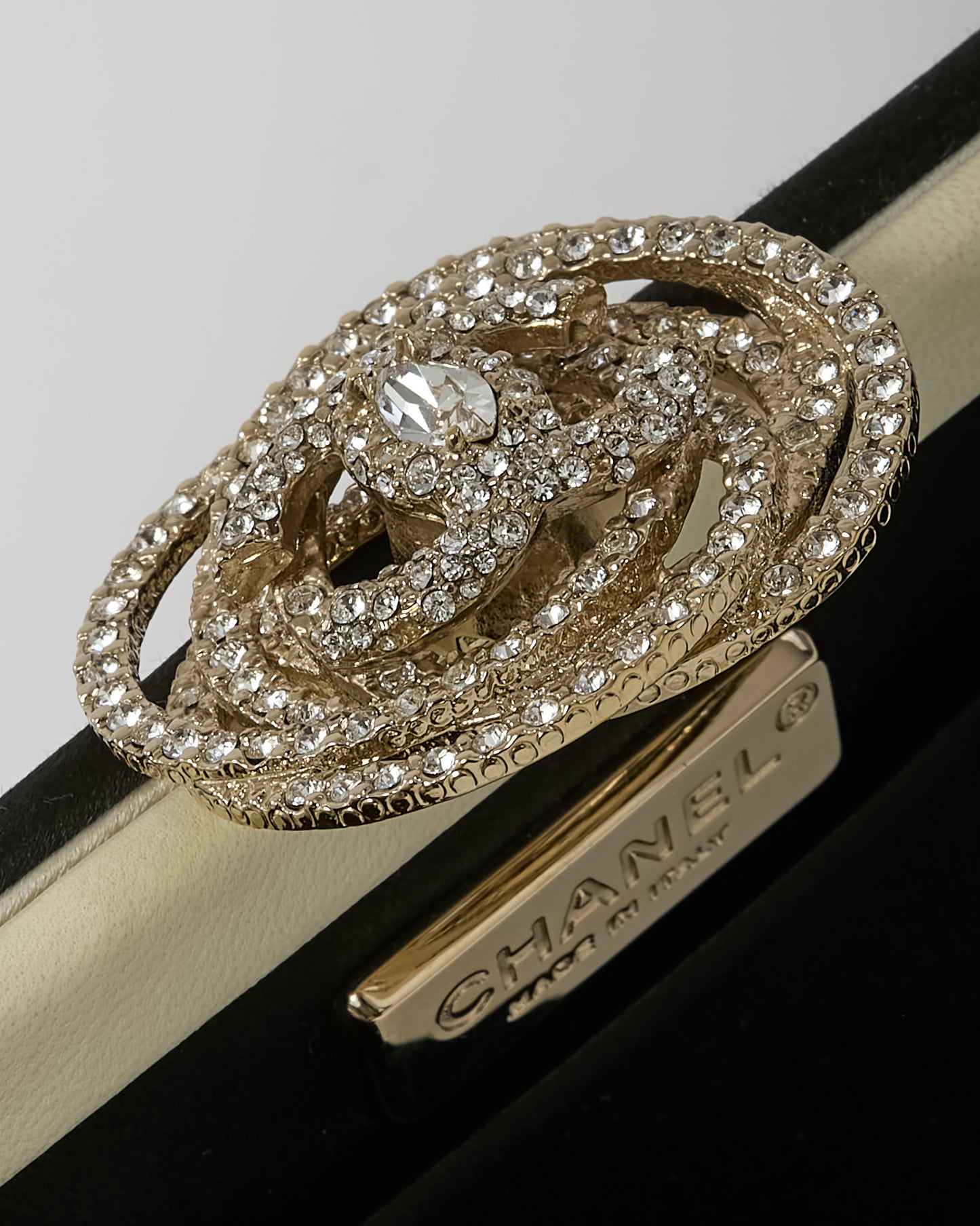 Chanel Black Satin Silver Crystal Camellia Flower Clasp Clutch