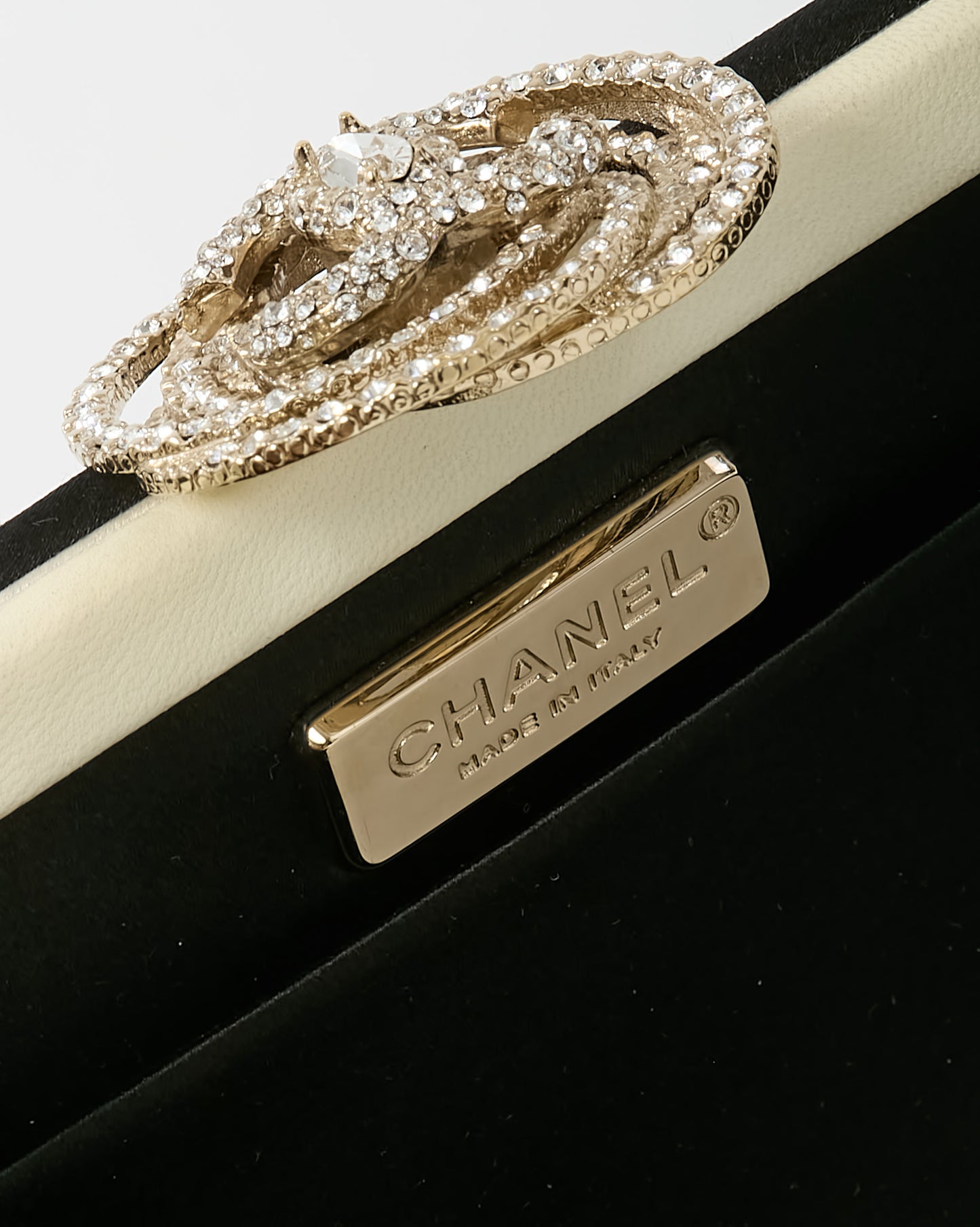 Chanel Black Satin Silver Crystal Camellia Flower Clasp Clutch