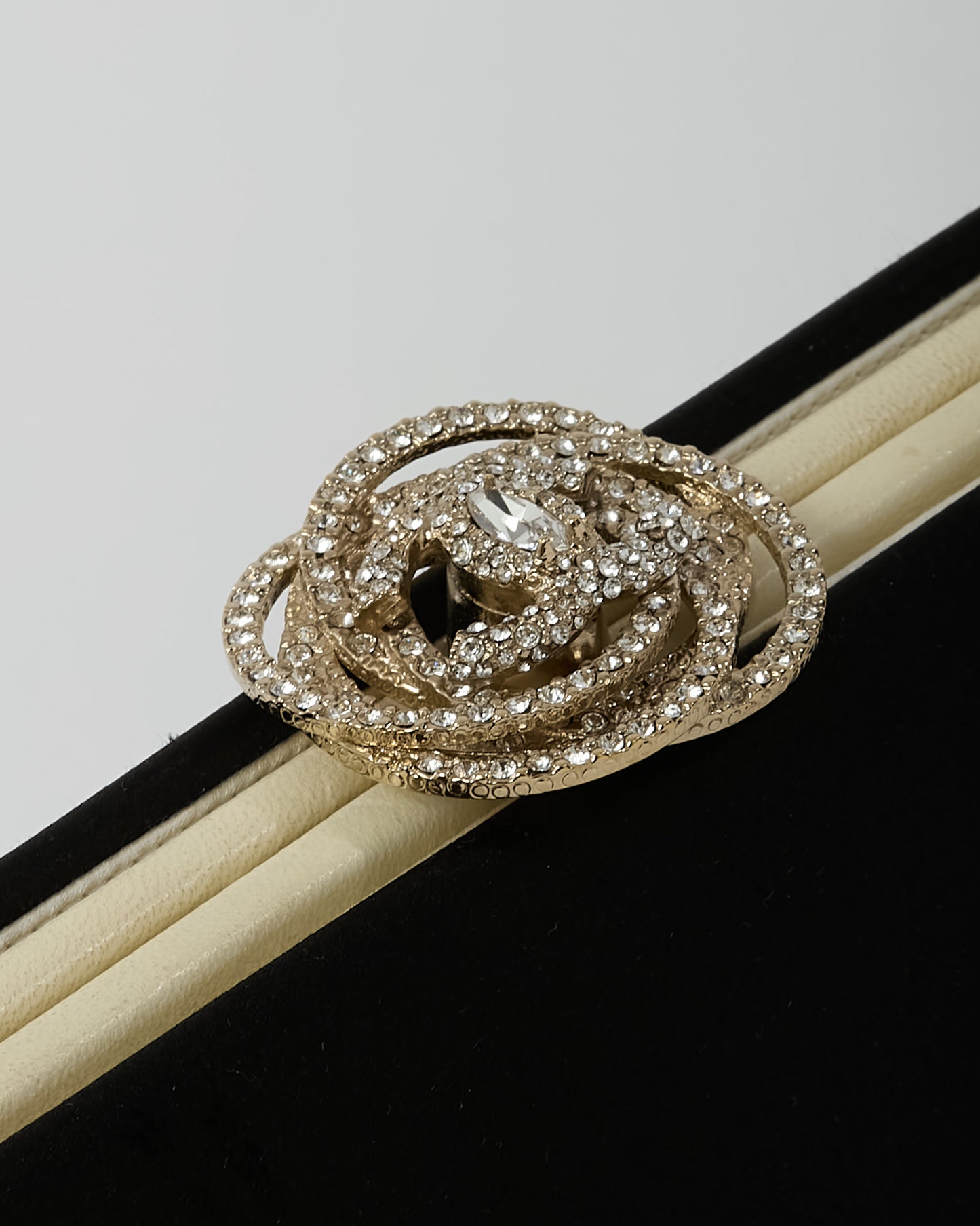 Chanel Black Satin Silver Crystal Camellia Flower Clasp Clutch