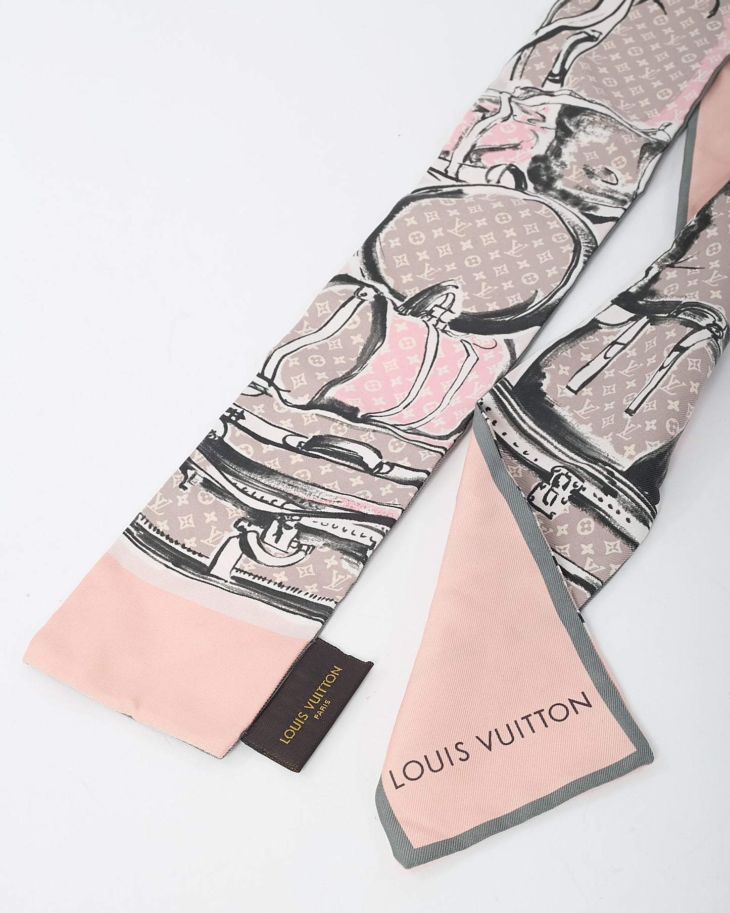 Louis Vuitton Pink and Grey Monogram Trunks Silk Bandeau Twilly Scarf