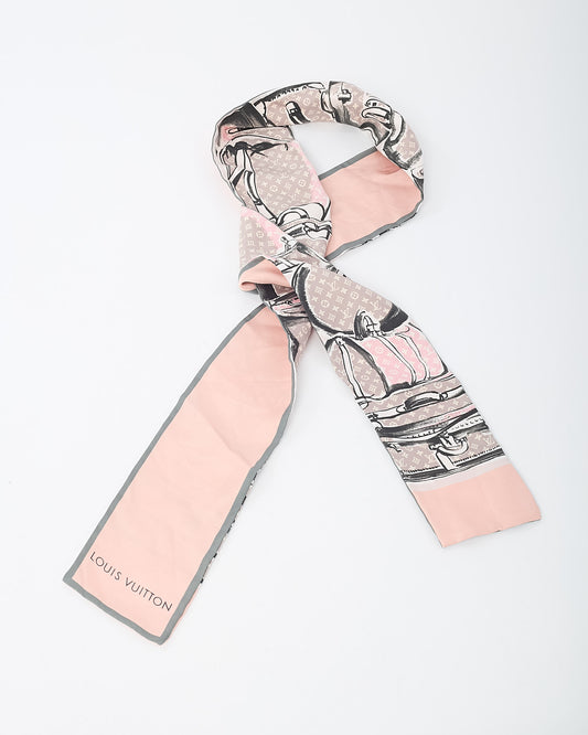 Louis Vuitton Pink and Grey Monogram Trunks Silk Bandeau Twilly Scarf