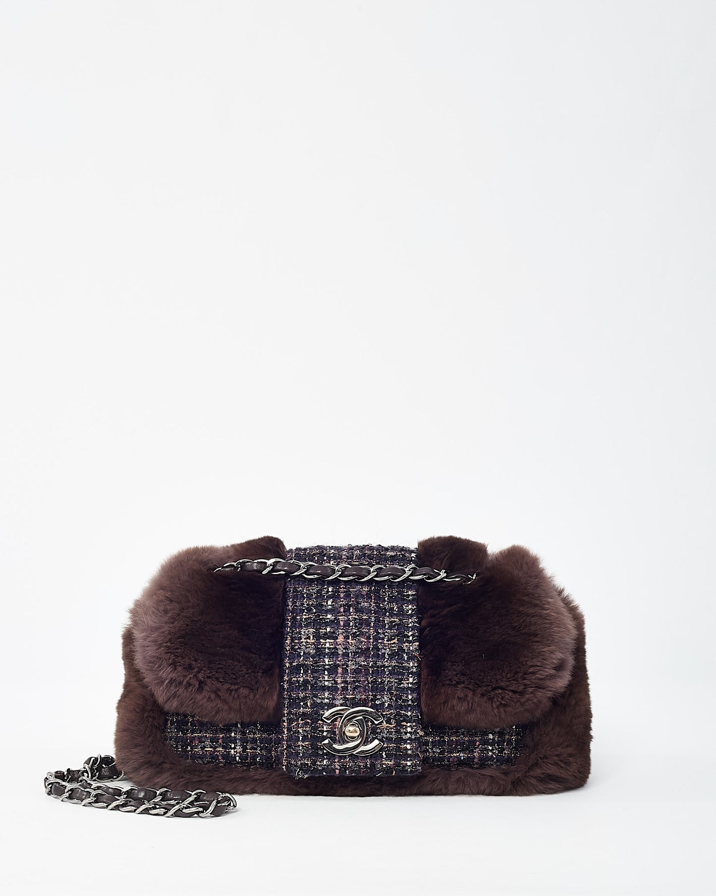 Chanel Brown Chinchilla Fur & Navy Multi Tweed Flap Bag SHW