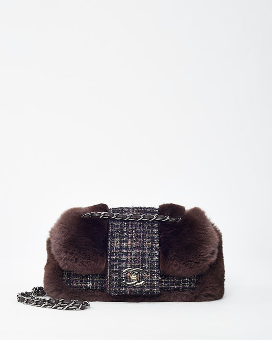 Chanel Brown Chinchilla Fur & Navy Multi Tweed Flap Bag SHW