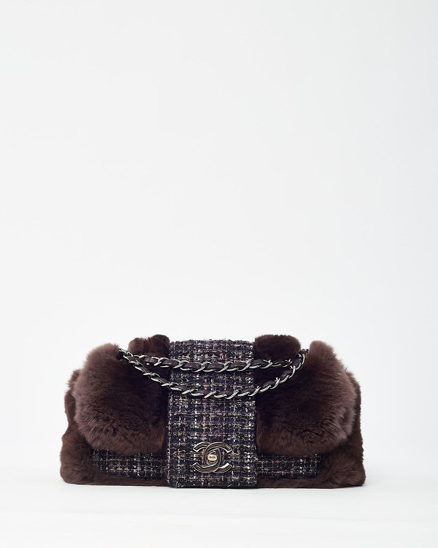 Chanel Brown Chinchilla Fur & Navy Multi Tweed Flap Bag SHW