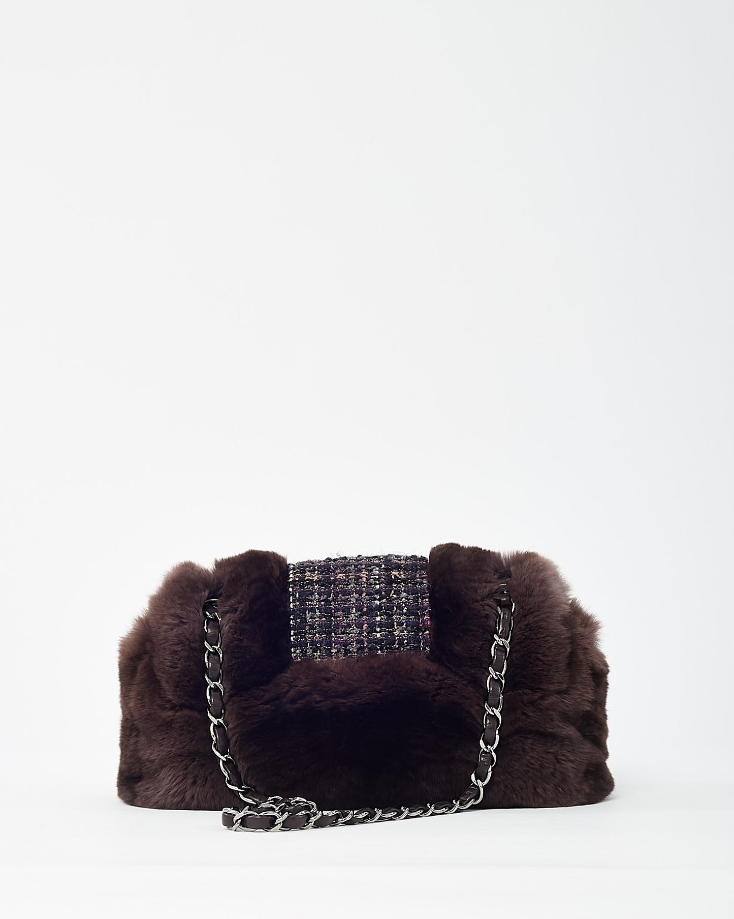 Chanel Brown Chinchilla Fur & Navy Multi Tweed Flap Bag SHW