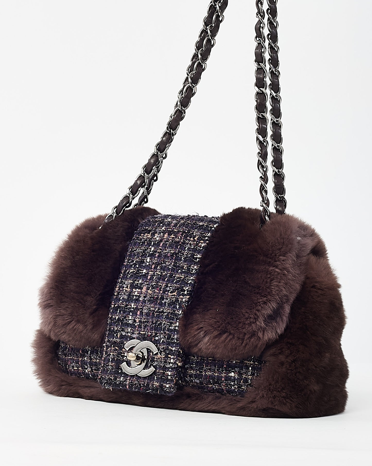 Chanel Brown Chinchilla Fur & Navy Multi Tweed Flap Bag SHW