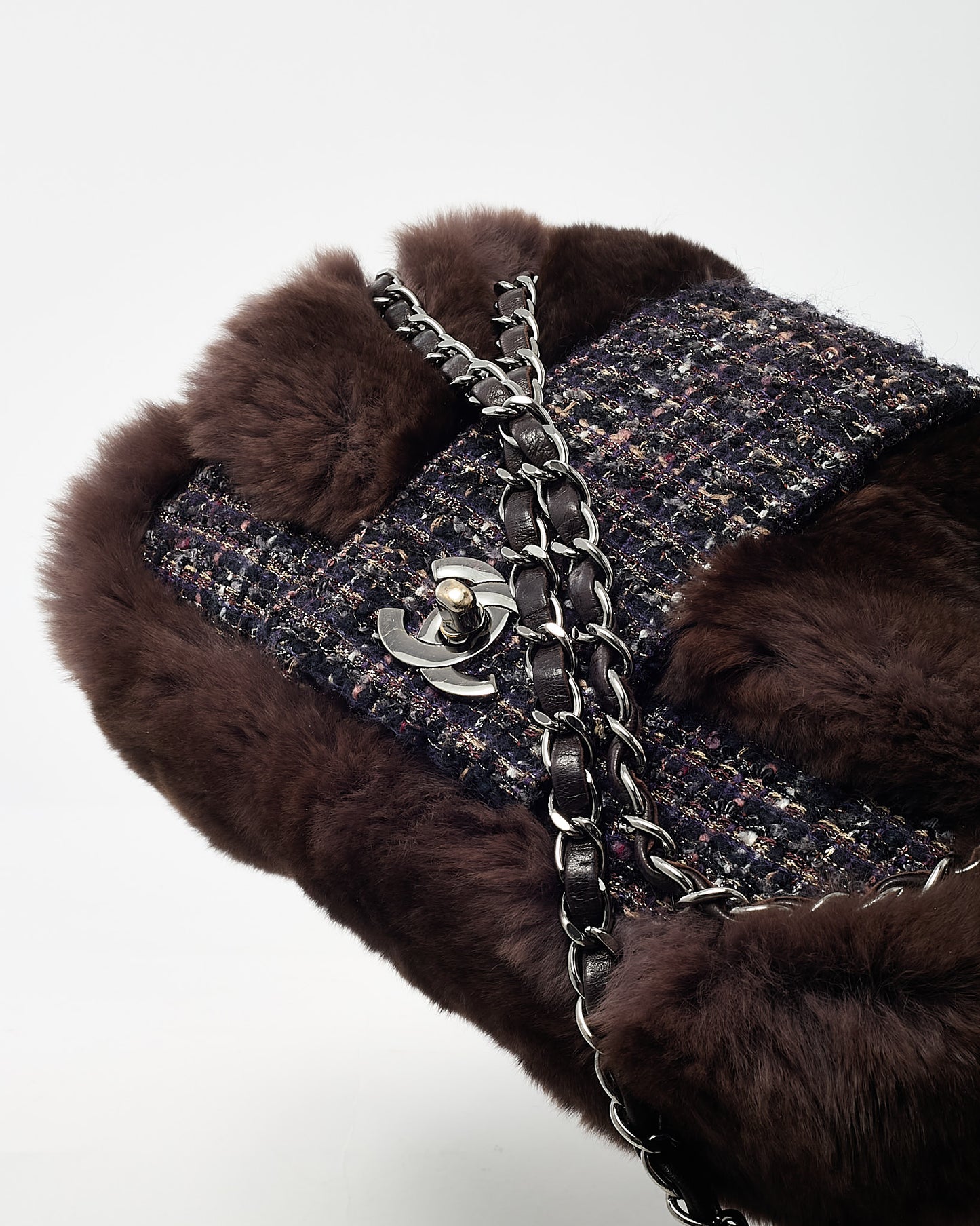 Chanel Brown Chinchilla Fur & Navy Multi Tweed Flap Bag SHW