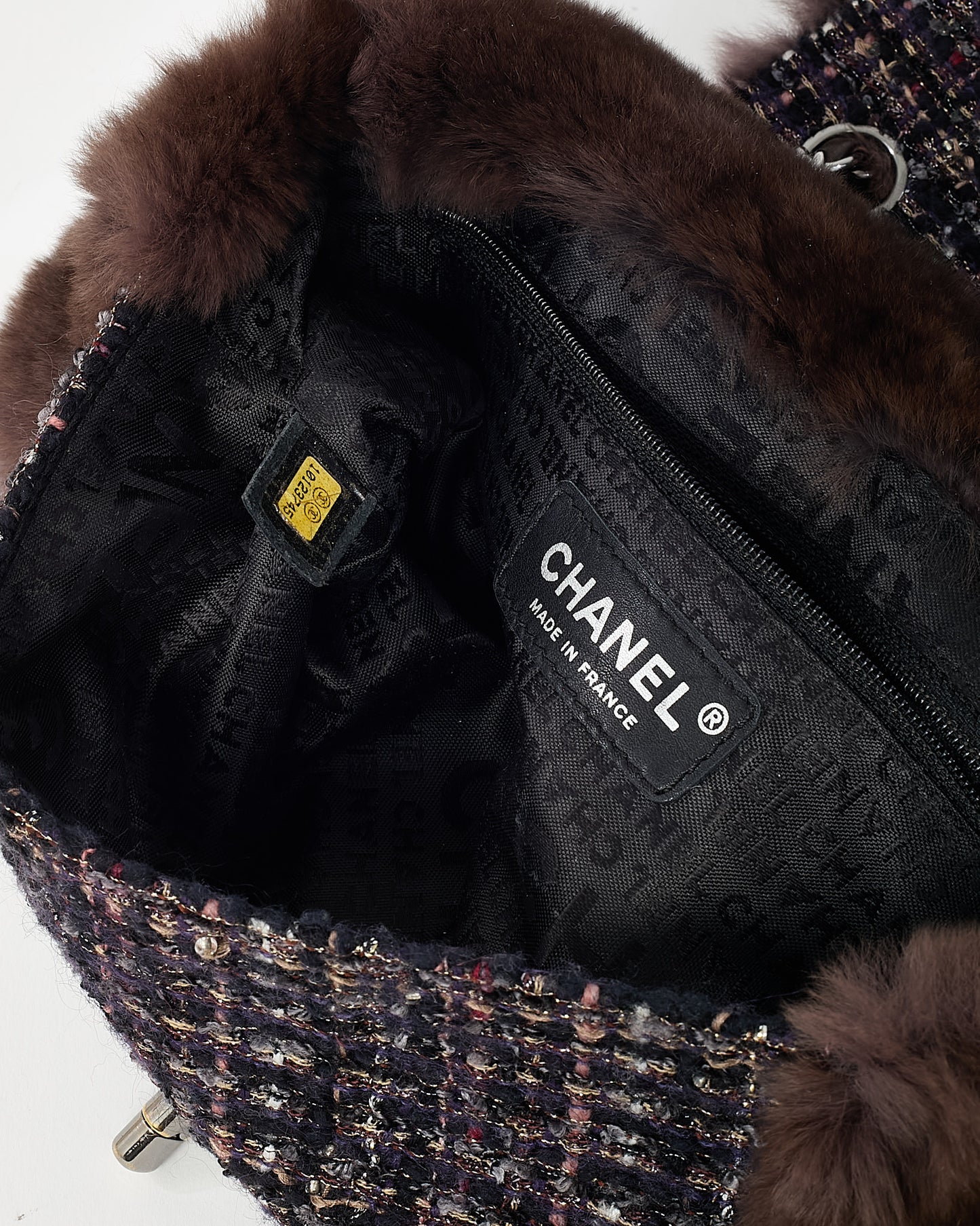Chanel Brown Chinchilla Fur & Navy Multi Tweed Flap Bag SHW