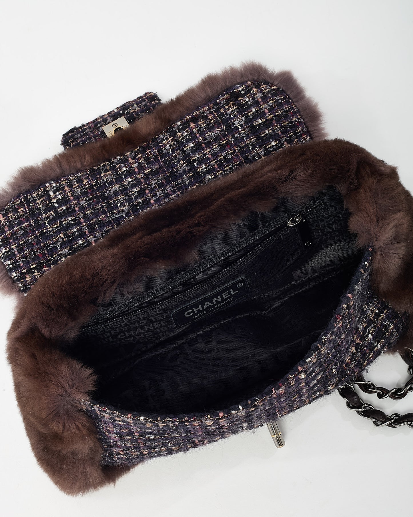 Chanel Brown Chinchilla Fur & Navy Multi Tweed Flap Bag SHW