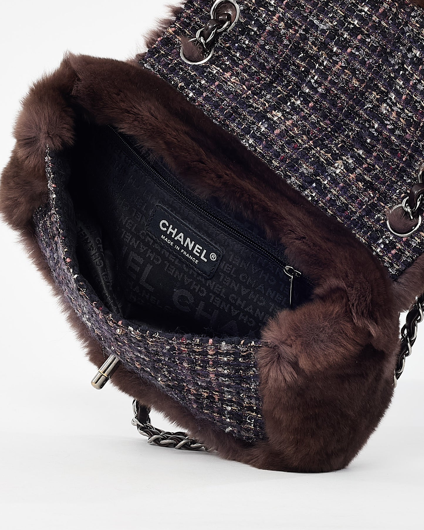 Chanel Brown Chinchilla Fur & Navy Multi Tweed Flap Bag SHW