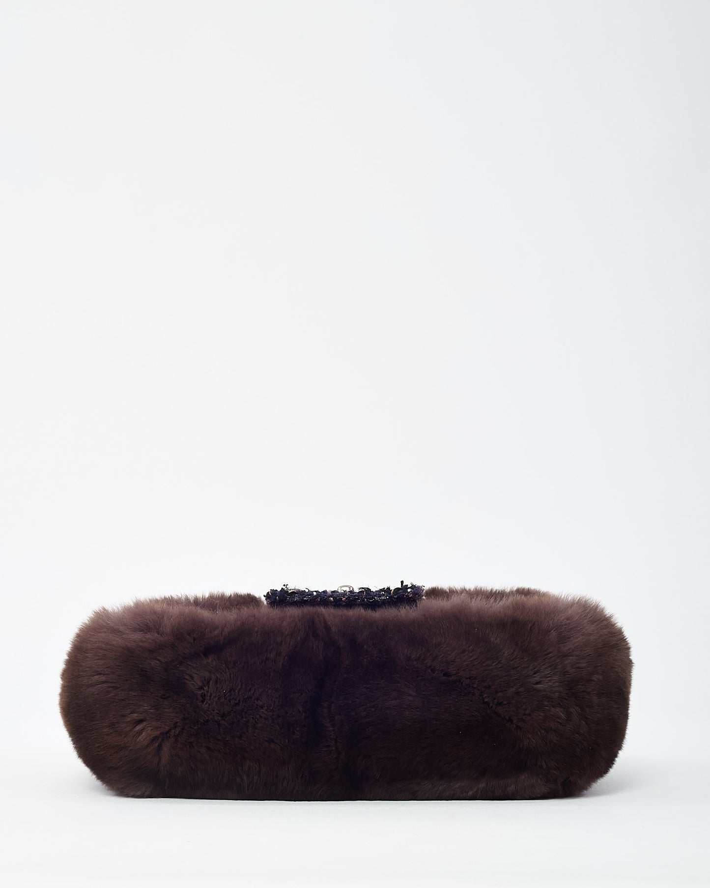 Chanel Brown Chinchilla Fur & Navy Multi Tweed Flap Bag SHW