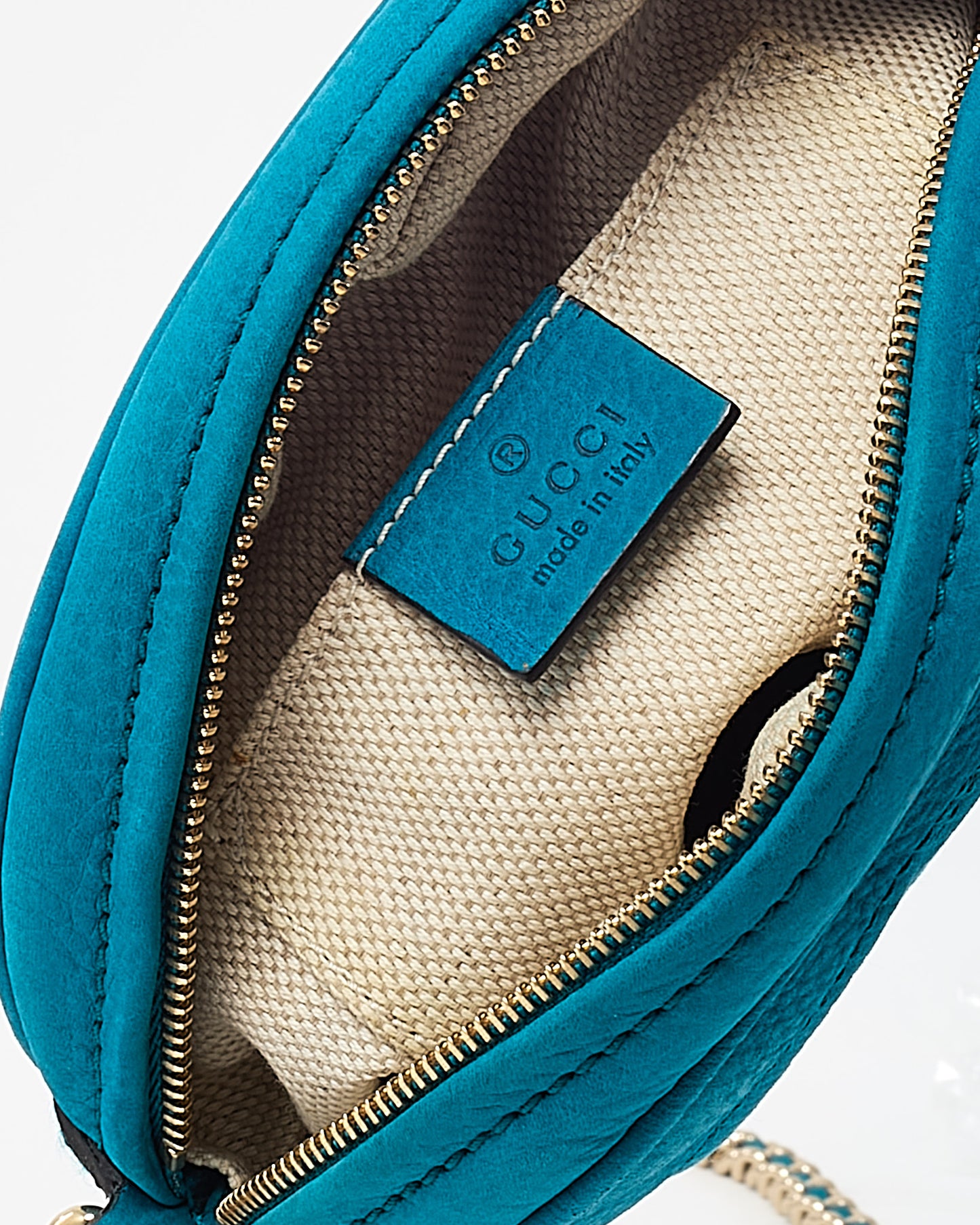 Gucci Turquoise Blue Suede GG Soho Mini Round Chain Crossbody Bag