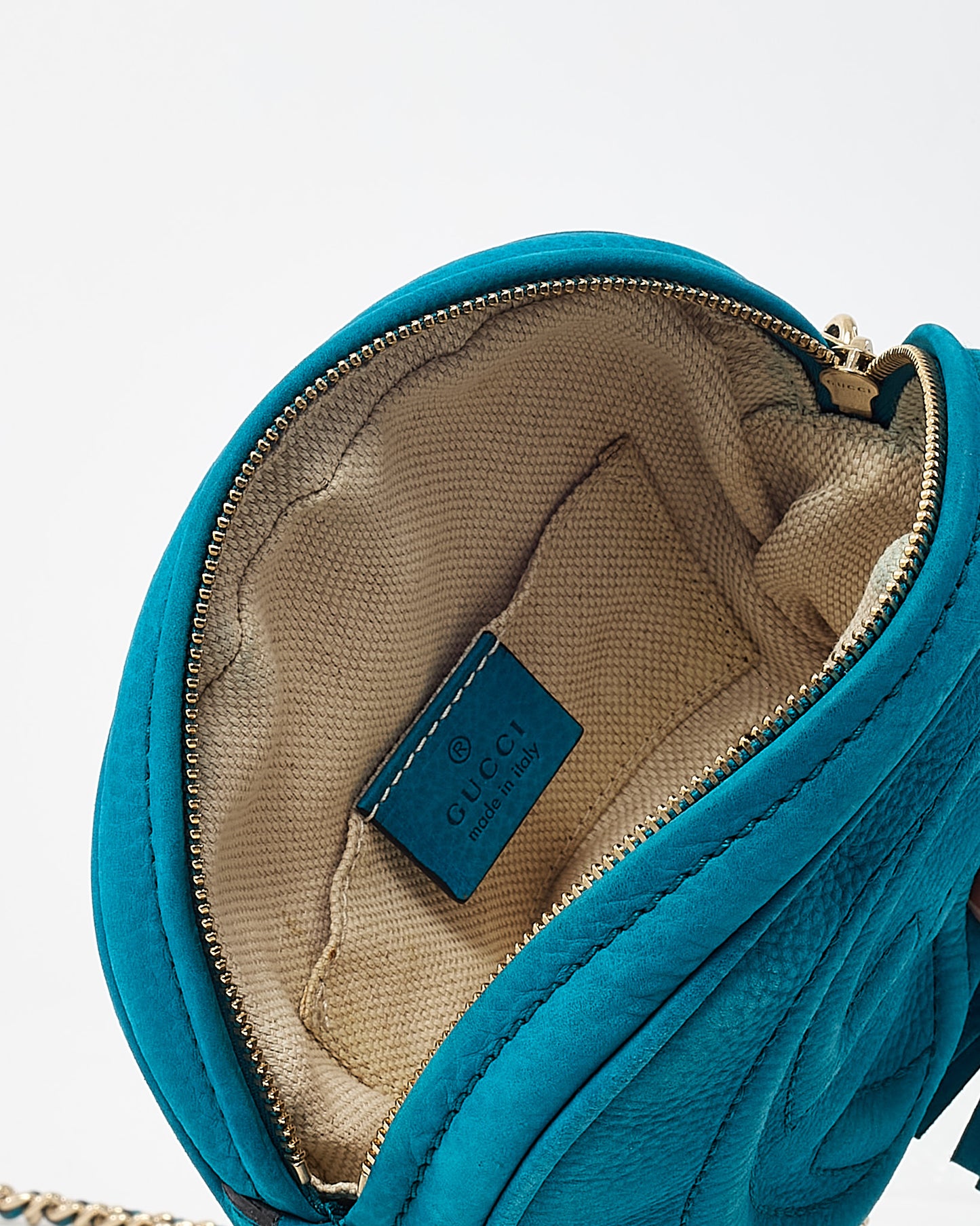 Gucci Turquoise Blue Suede GG Soho Mini Round Chain Crossbody Bag