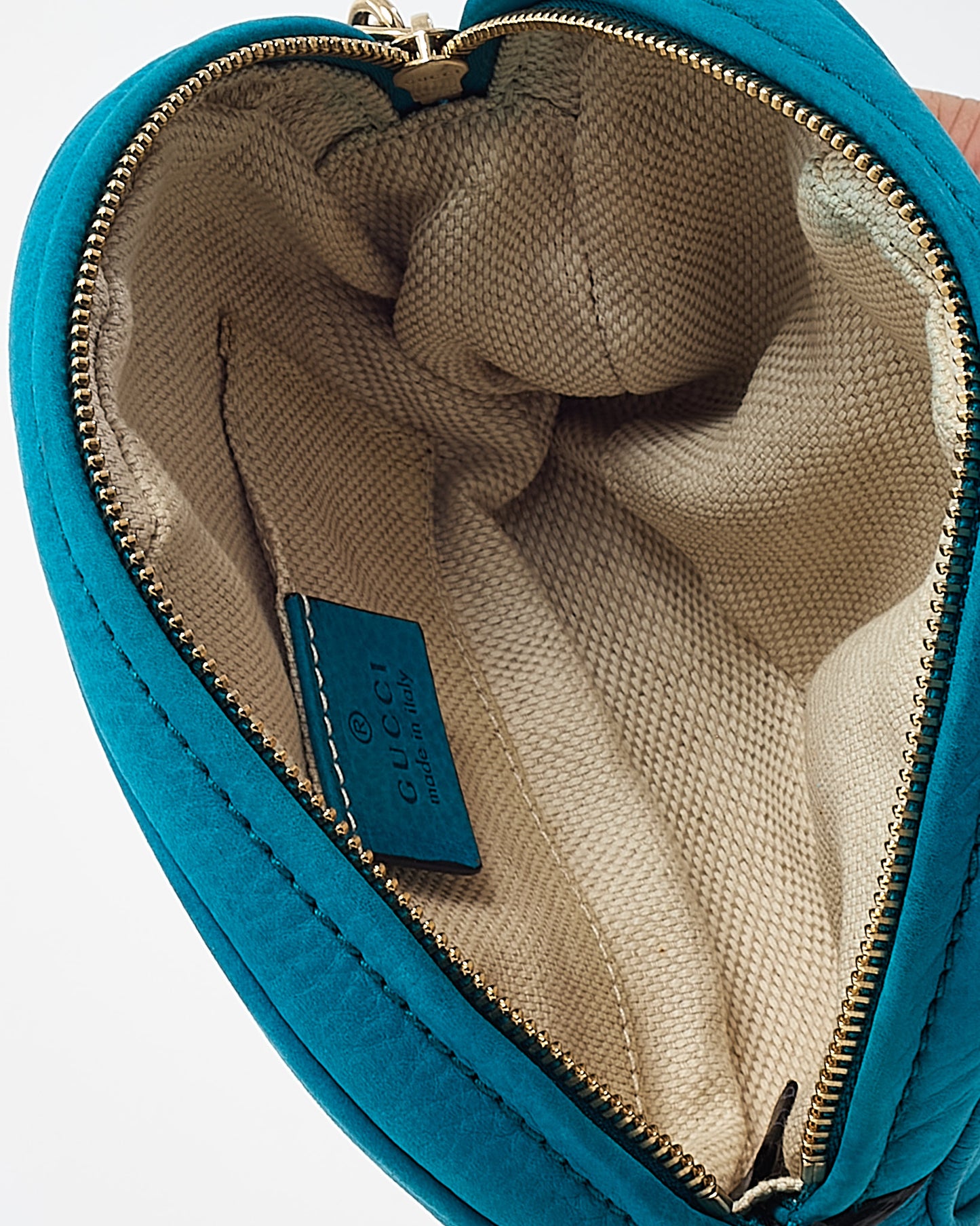 Gucci Turquoise Blue Suede GG Soho Mini Round Chain Crossbody Bag
