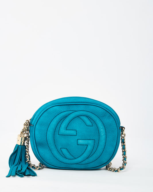 Gucci Turquoise Blue Suede GG Soho Mini Round Chain Crossbody Bag