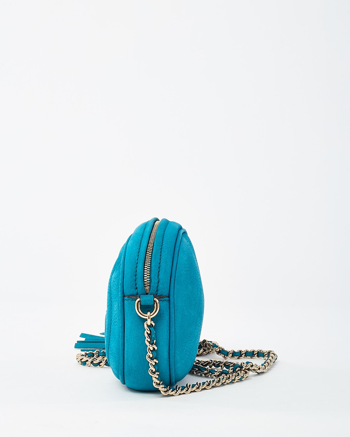 Gucci Turquoise Blue Suede GG Soho Mini Round Chain Crossbody Bag