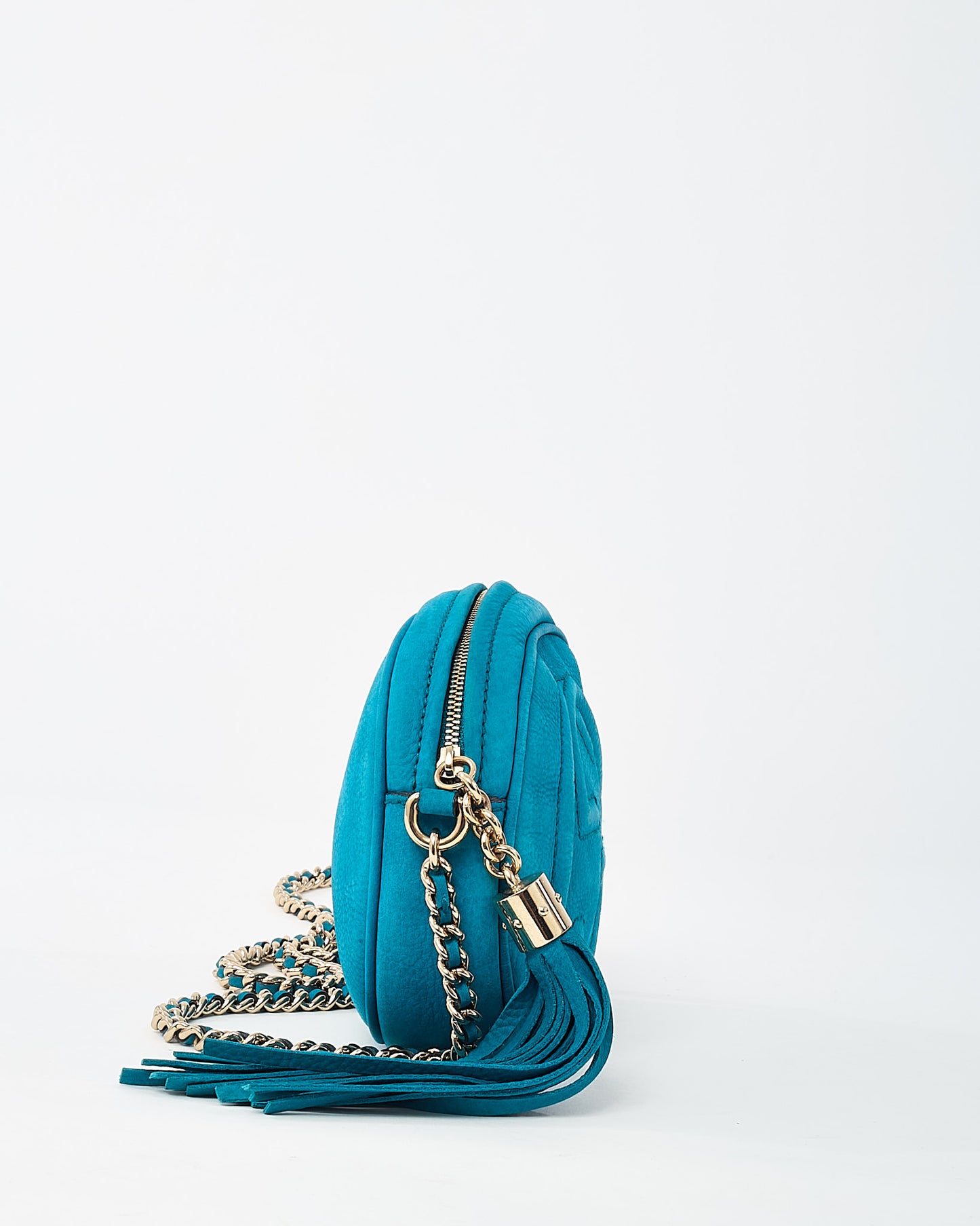 Gucci Turquoise Blue Suede GG Soho Mini Round Chain Crossbody Bag
