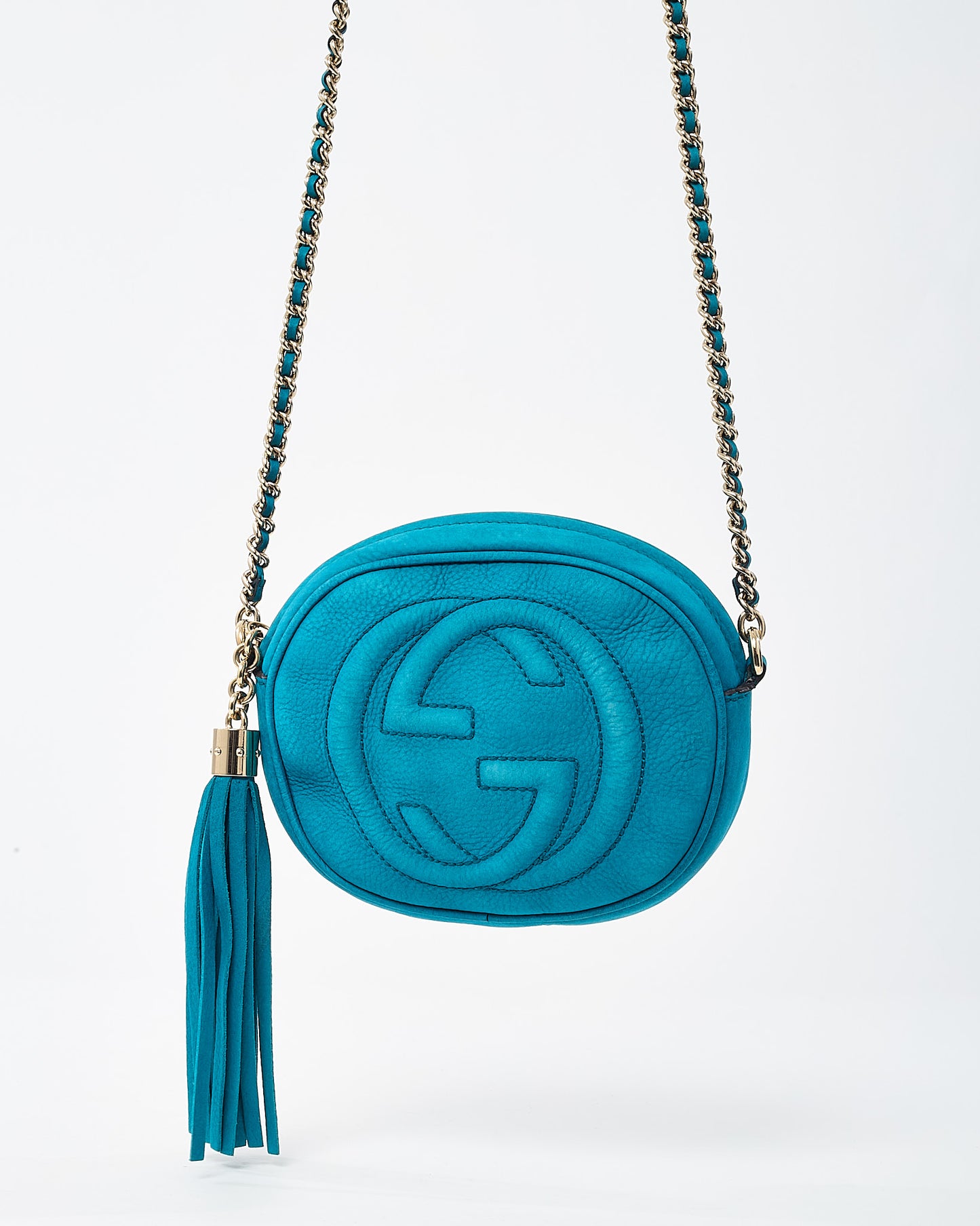 Gucci Turquoise Blue Suede GG Soho Mini Round Chain Crossbody Bag