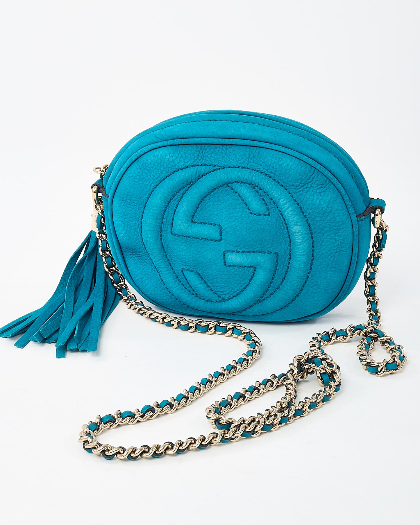 Gucci Turquoise Blue Suede GG Soho Mini Round Chain Crossbody Bag