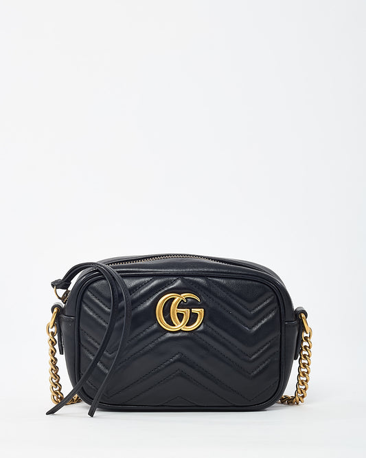 Gucci Black Chevron Leather Mini Marmont Camera Bag GHW