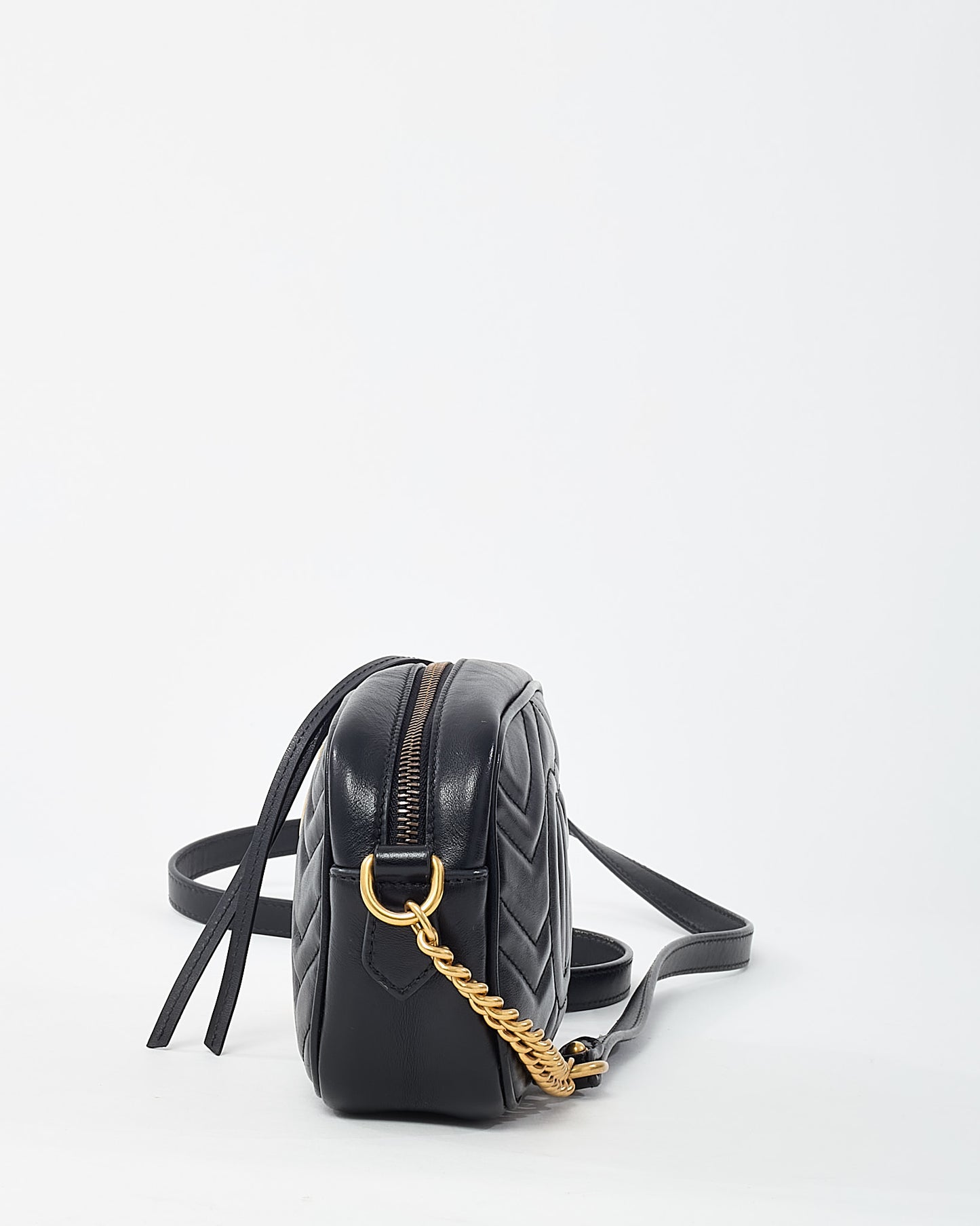 Gucci Black Chevron Leather Mini Marmont Camera Bag GHW