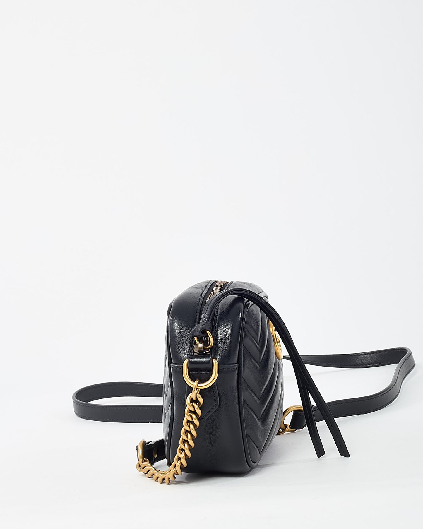 Gucci Black Chevron Leather Mini Marmont Camera Bag GHW