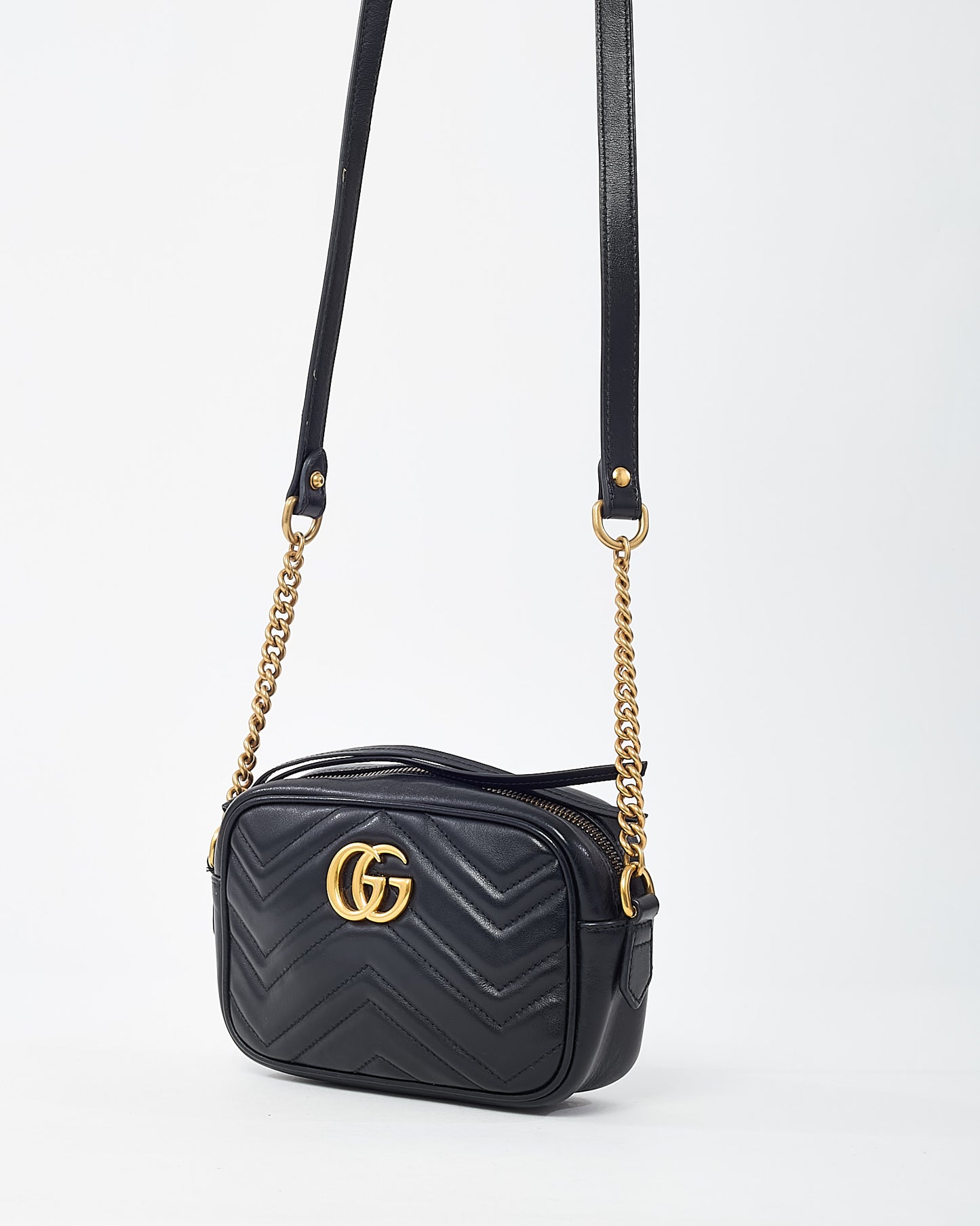Gucci Black Chevron Leather Mini Marmont Camera Bag GHW