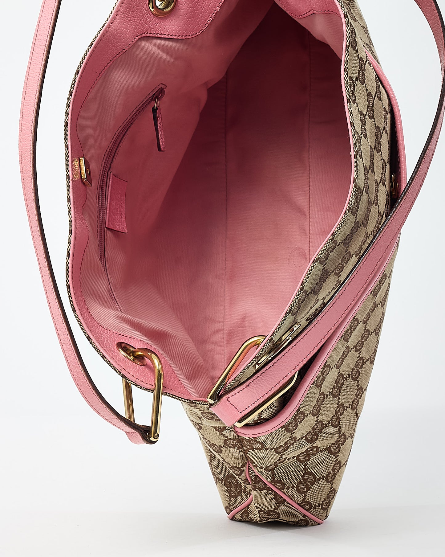 Gucci Beige GG Monogram Canvas and Pink Leather Trim Eclipse Shoulder Bag