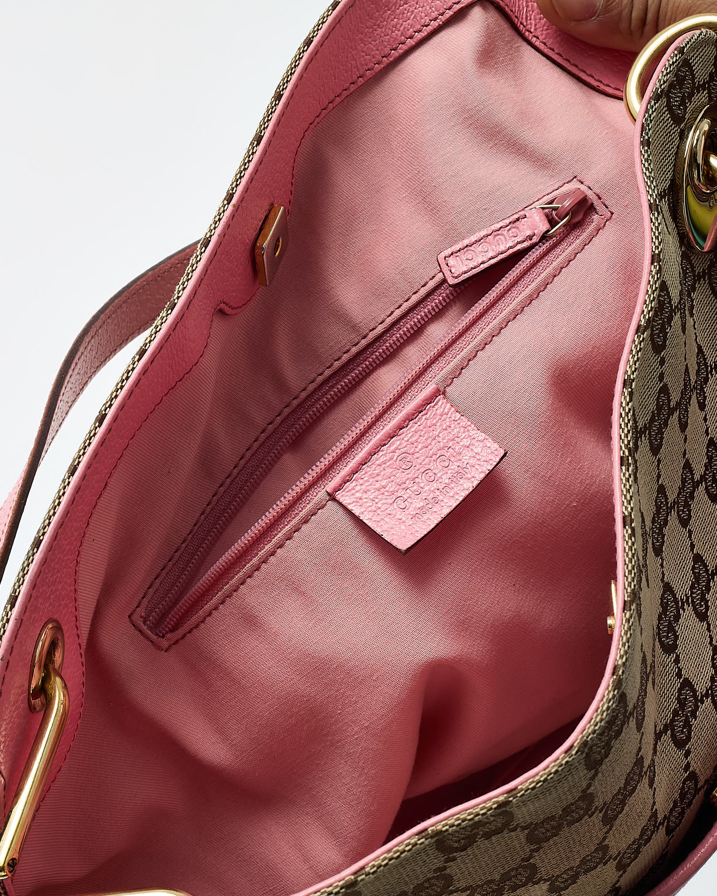 Gucci Beige GG Monogram Canvas and Pink Leather Trim Eclipse Shoulder Bag