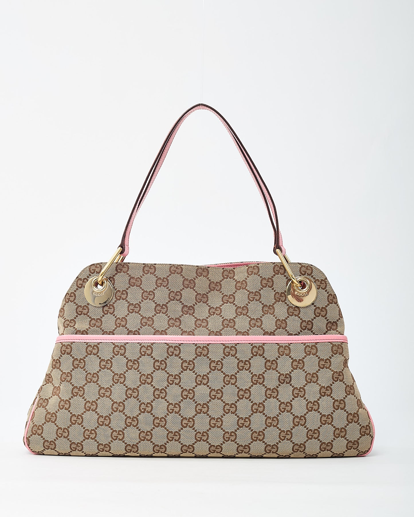 Gucci Beige GG Monogram Canvas and Pink Leather Trim Eclipse Shoulder Bag