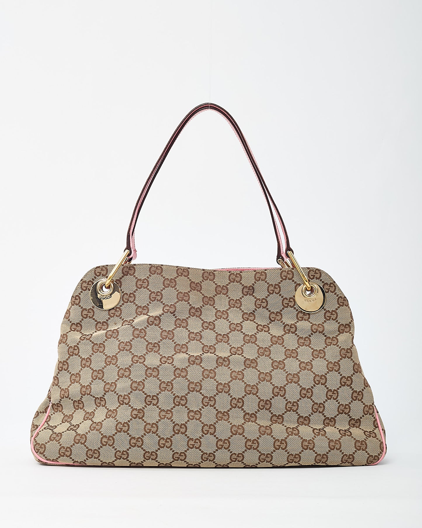 Gucci Beige GG Monogram Canvas and Pink Leather Trim Eclipse Shoulder Bag