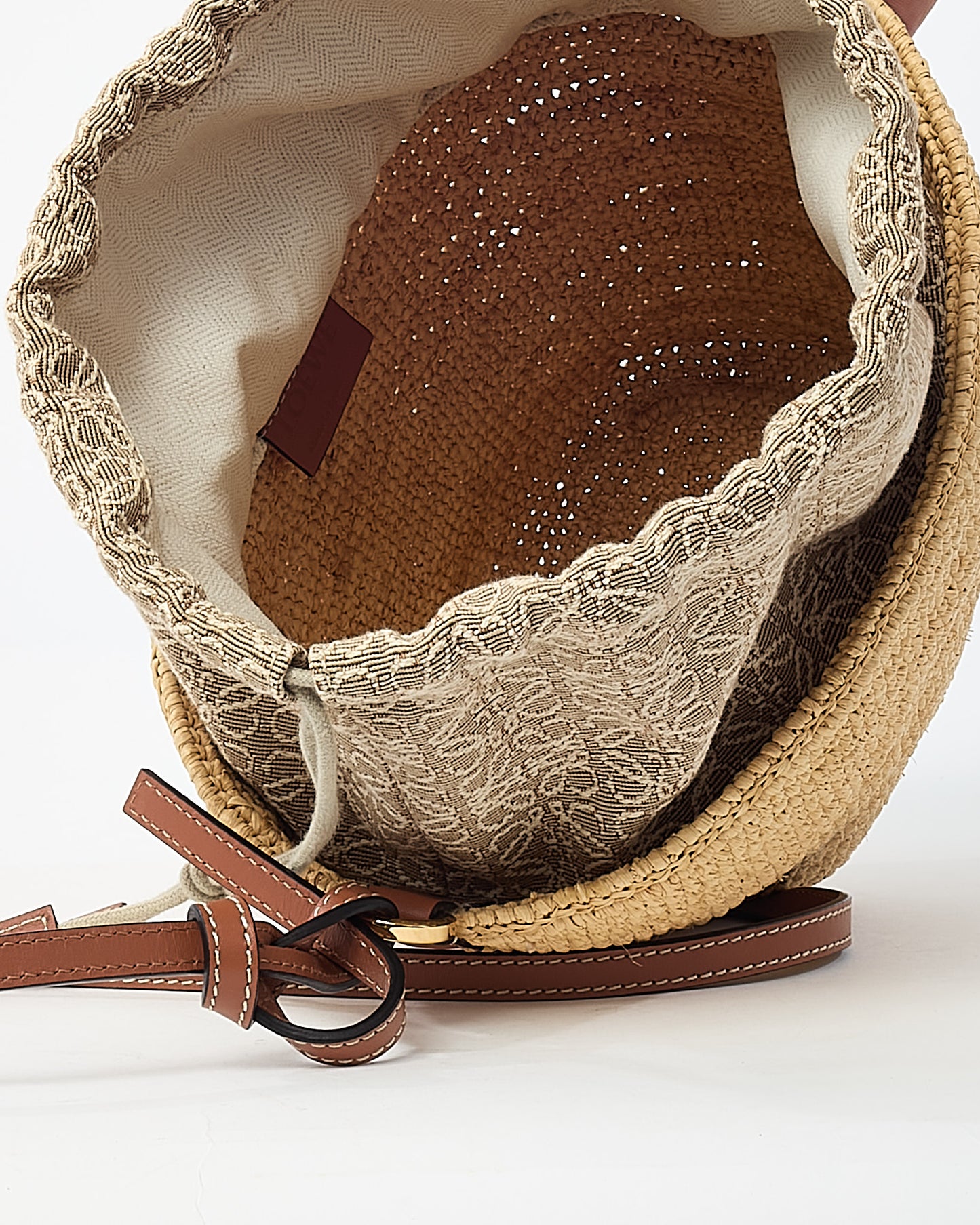 Loewe Brown Leather and Beige Raffia Anagram Jacquard Drawstring Bucket Bag