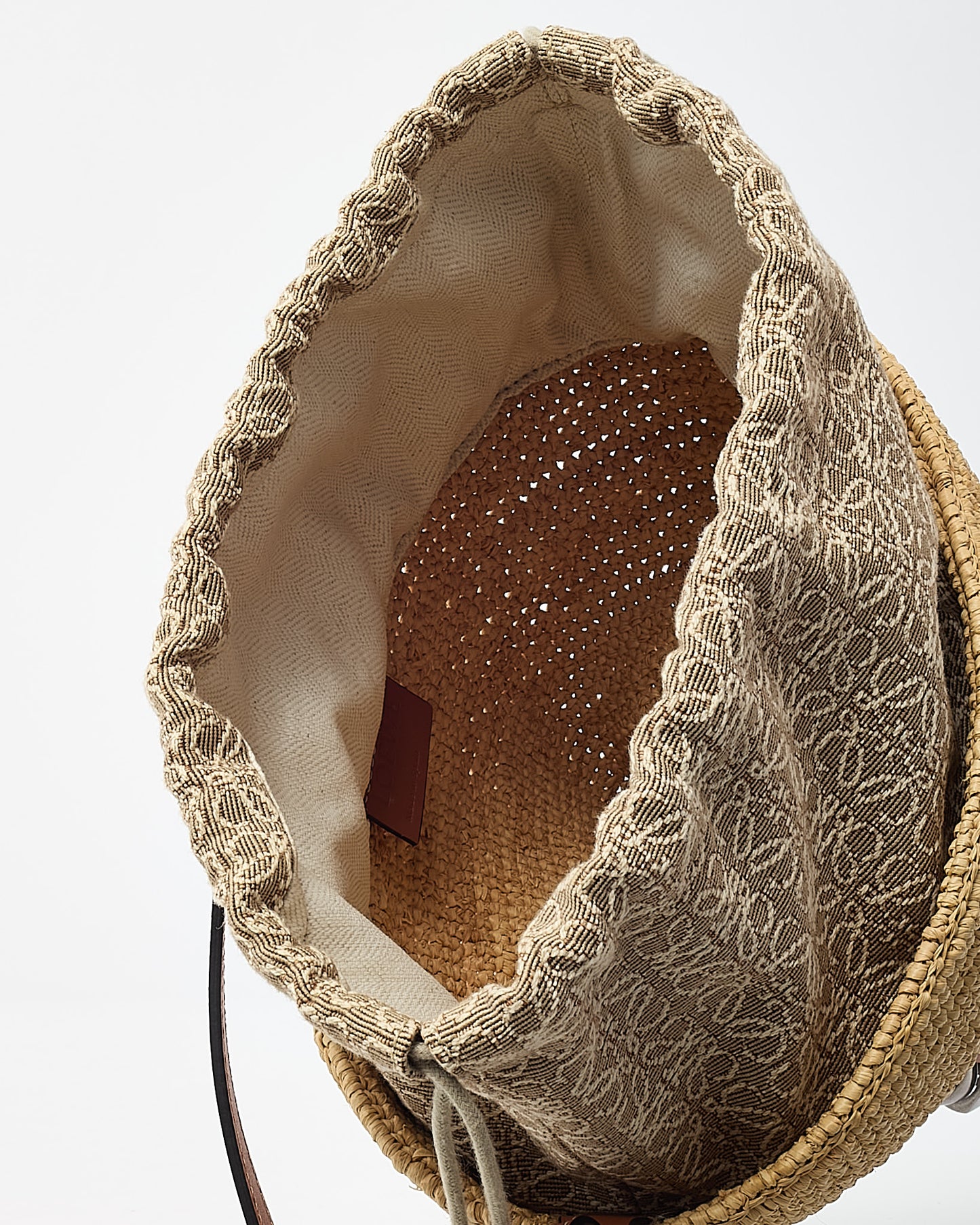 Loewe Brown Leather and Beige Raffia Anagram Jacquard Drawstring Bucket Bag