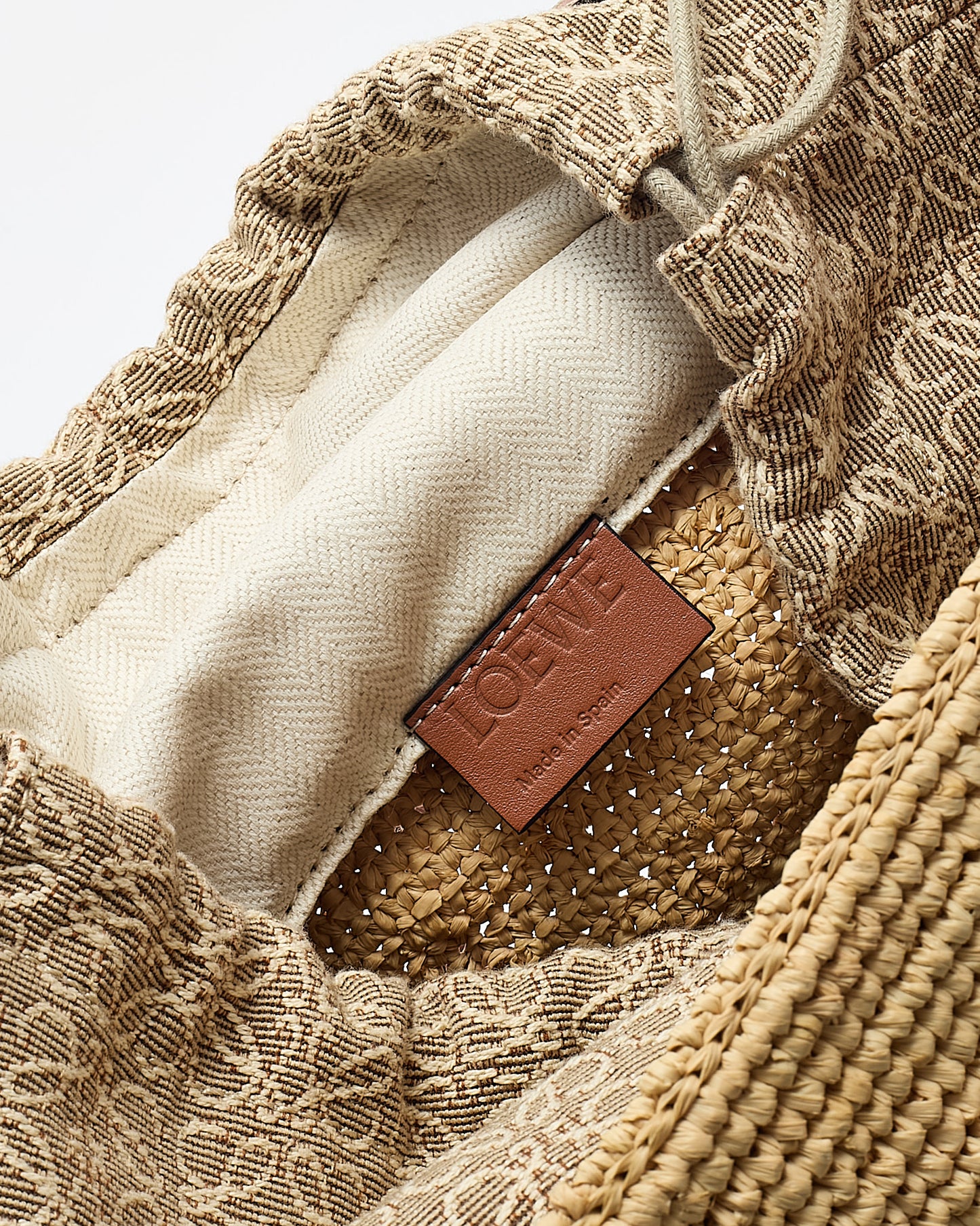 Loewe Brown Leather and Beige Raffia Anagram Jacquard Drawstring Bucket Bag