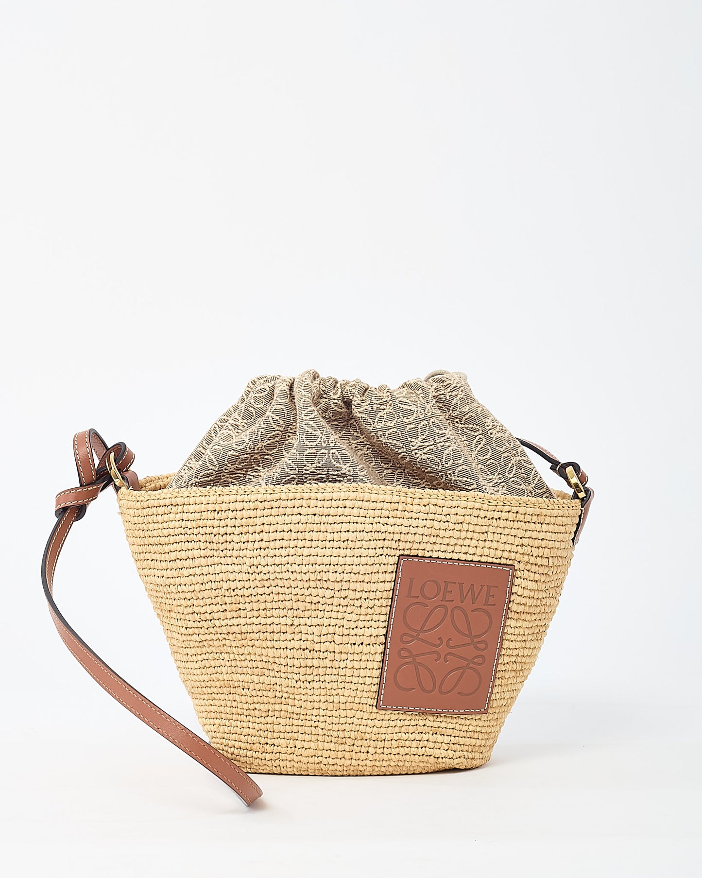Loewe Brown Leather and Beige Raffia Anagram Jacquard Drawstring Bucket Bag