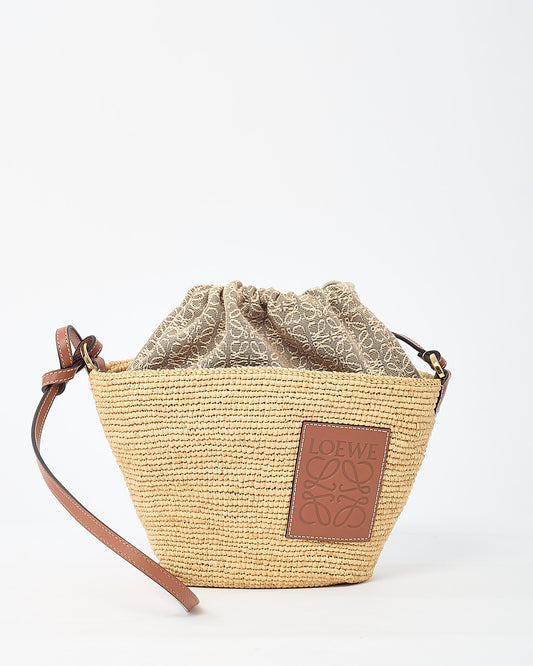 Loewe Brown Leather and Beige Raffia Anagram Jacquard Drawstring Bucket Bag