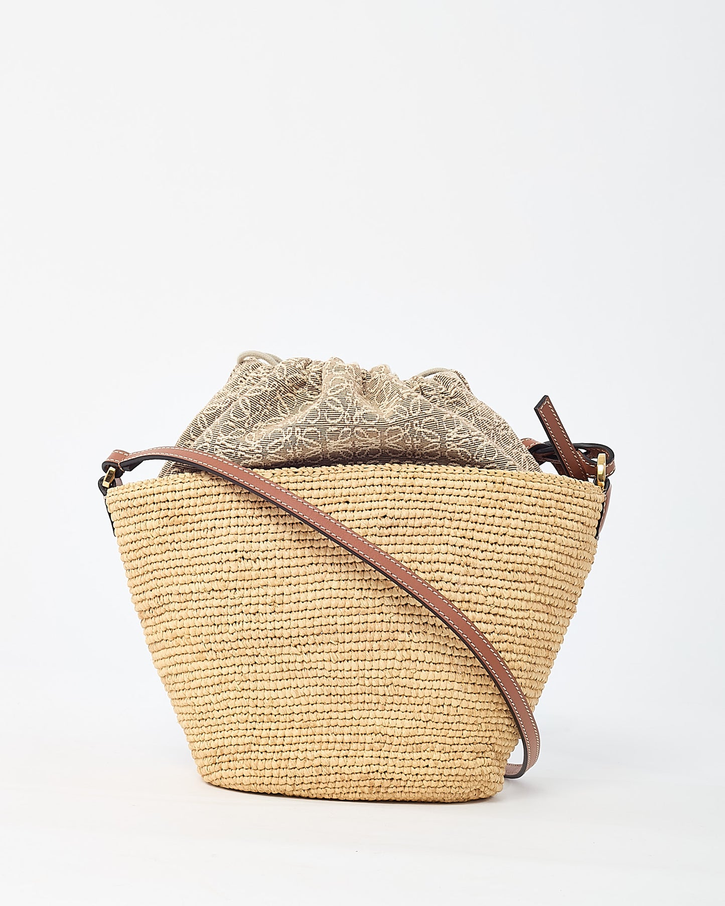 Loewe Brown Leather and Beige Raffia Anagram Jacquard Drawstring Bucket Bag