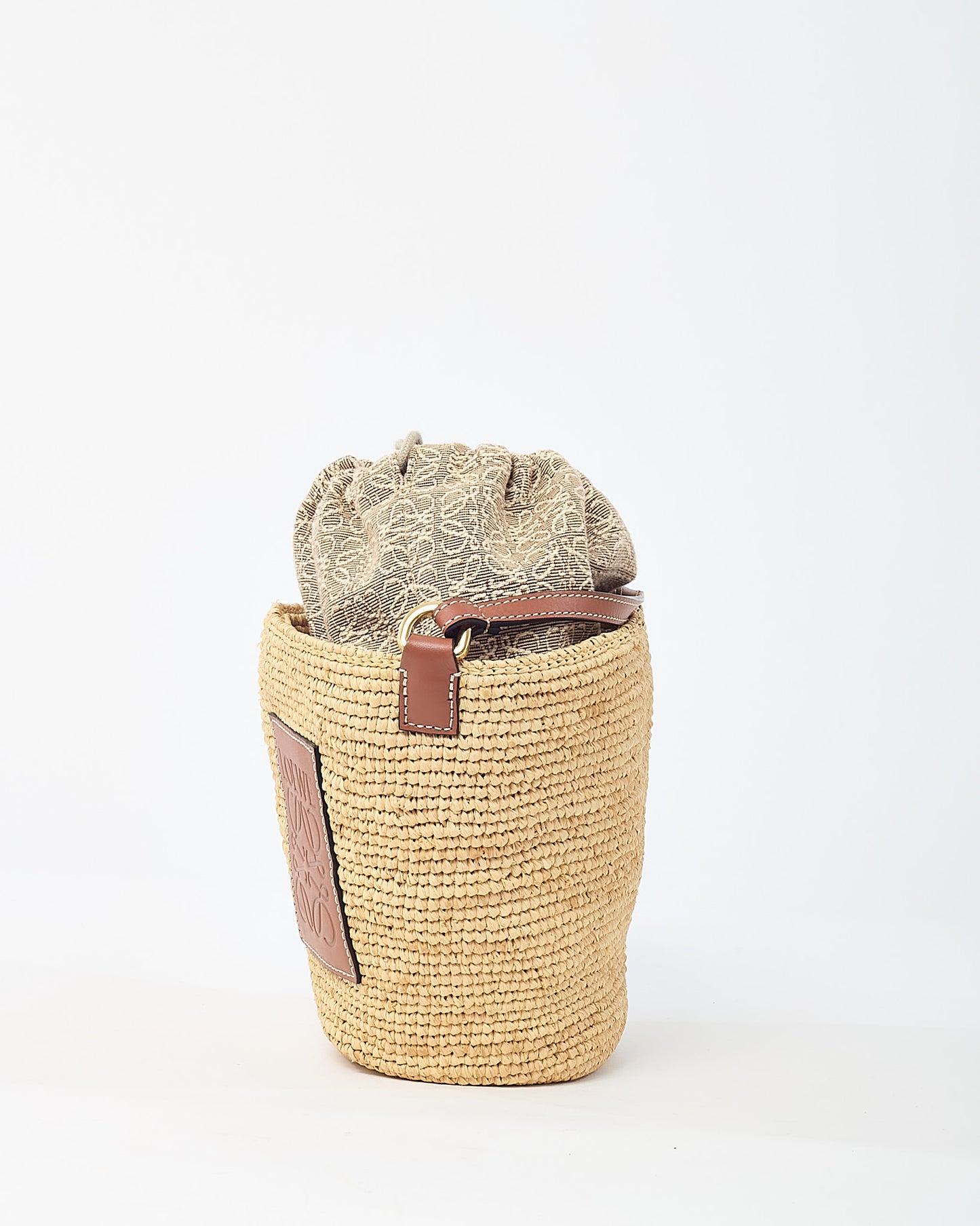 Loewe Brown Leather and Beige Raffia Anagram Jacquard Drawstring Bucket Bag