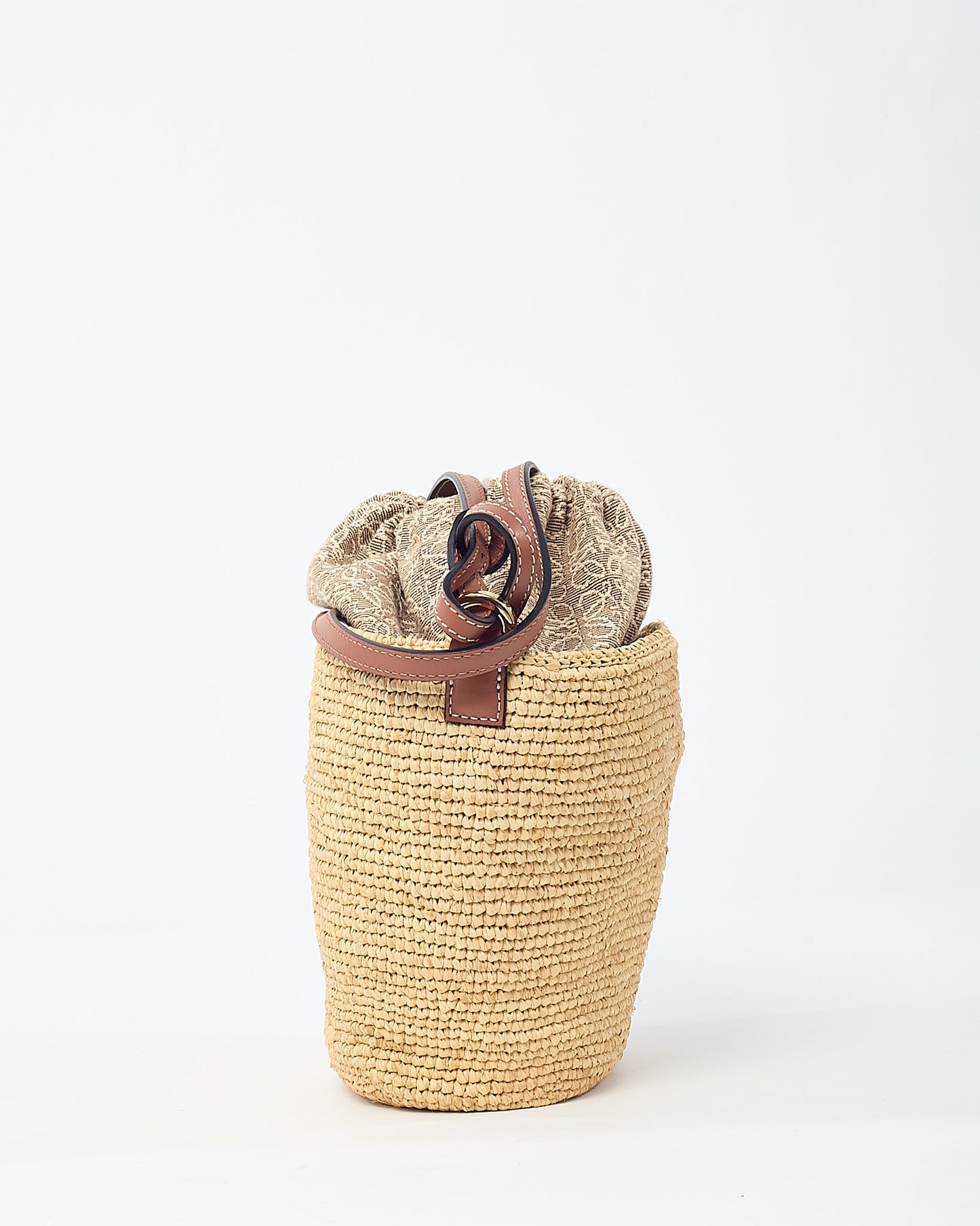 Loewe Brown Leather and Beige Raffia Anagram Jacquard Drawstring Bucket Bag