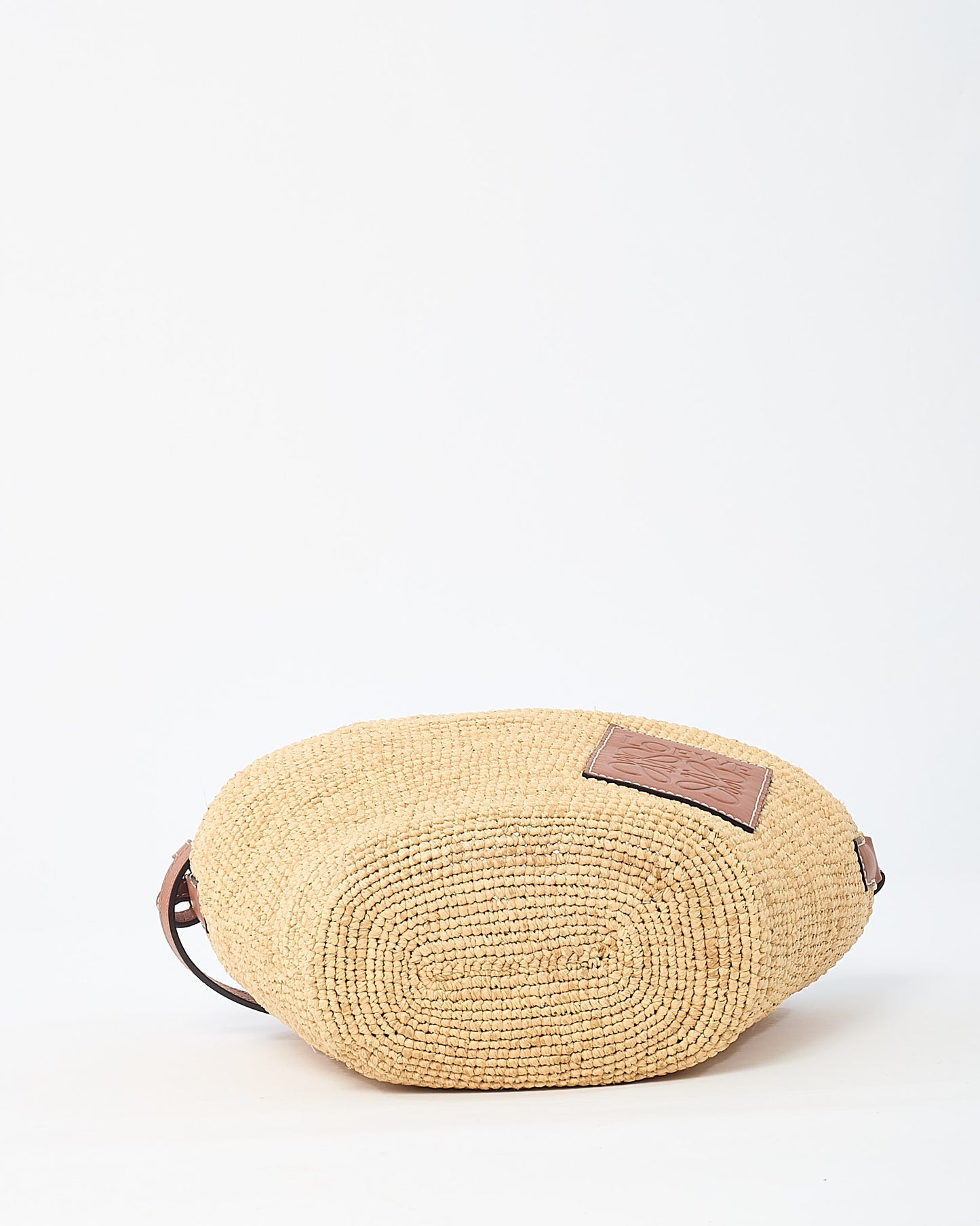 Loewe Brown Leather and Beige Raffia Anagram Jacquard Drawstring Bucket Bag