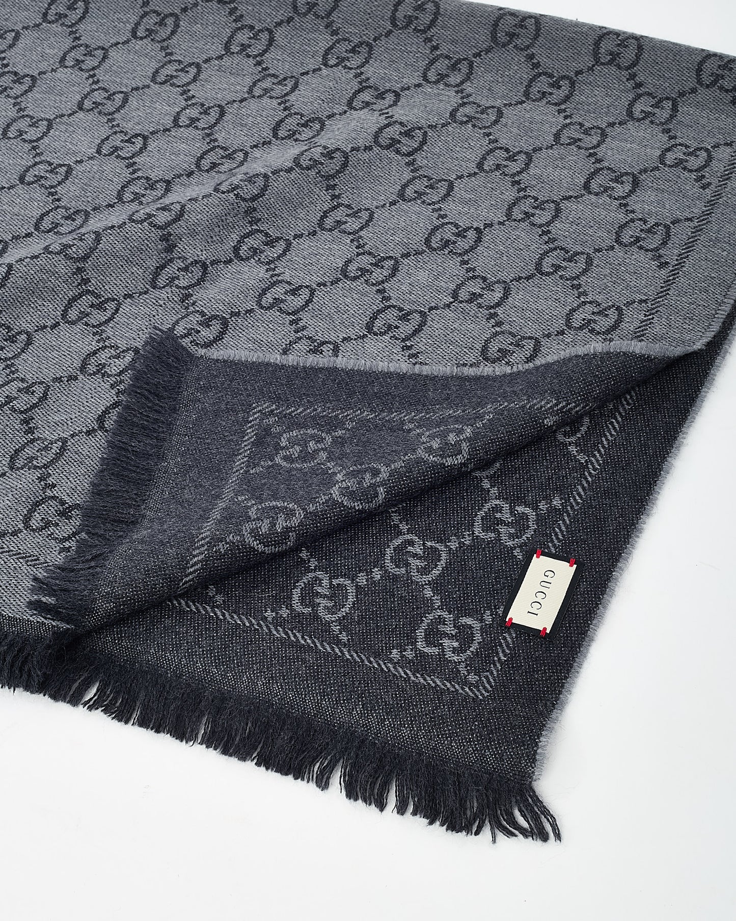 Gucci Grey and Black GG Monogram Wool Fringe Scarf
