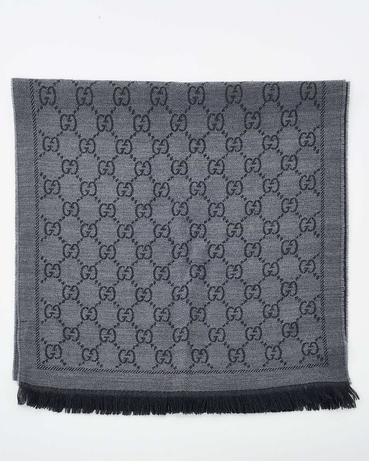 Gucci Grey and Black GG Monogram Wool Fringe Scarf