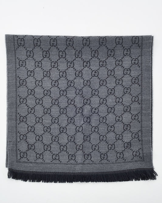 Gucci Grey and Black GG Monogram Wool Fringe Scarf